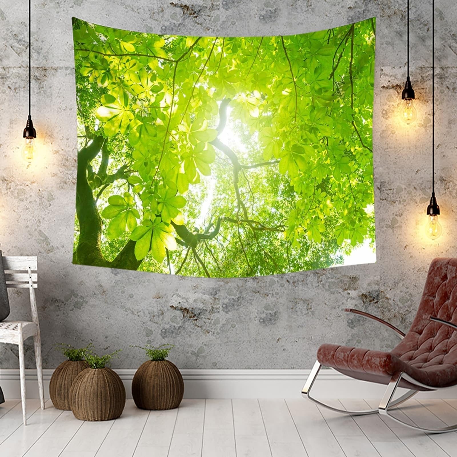 Zielone gobeliny poliester, wiosenne drzewa gałęzie gobelin ścienny sypialnia 200 x 200 cm