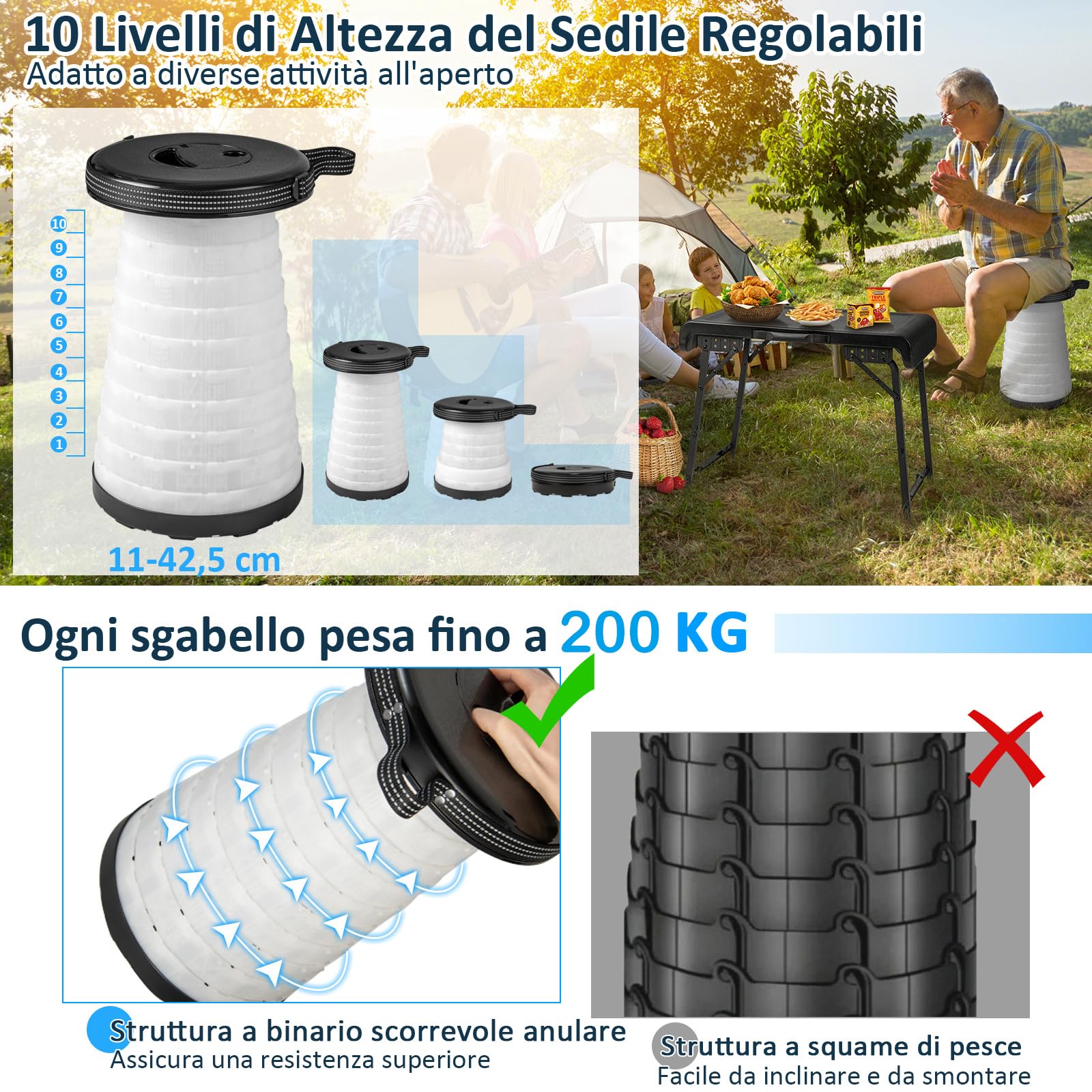 COSTWAY Set Tavolo da Campeggio con 2 Sgabelli LED Pieghevole, Set Tavolino Richiudibile in Valigetta Portatili, con Maniglia, Leggero, per Giardino Picnic BBQ