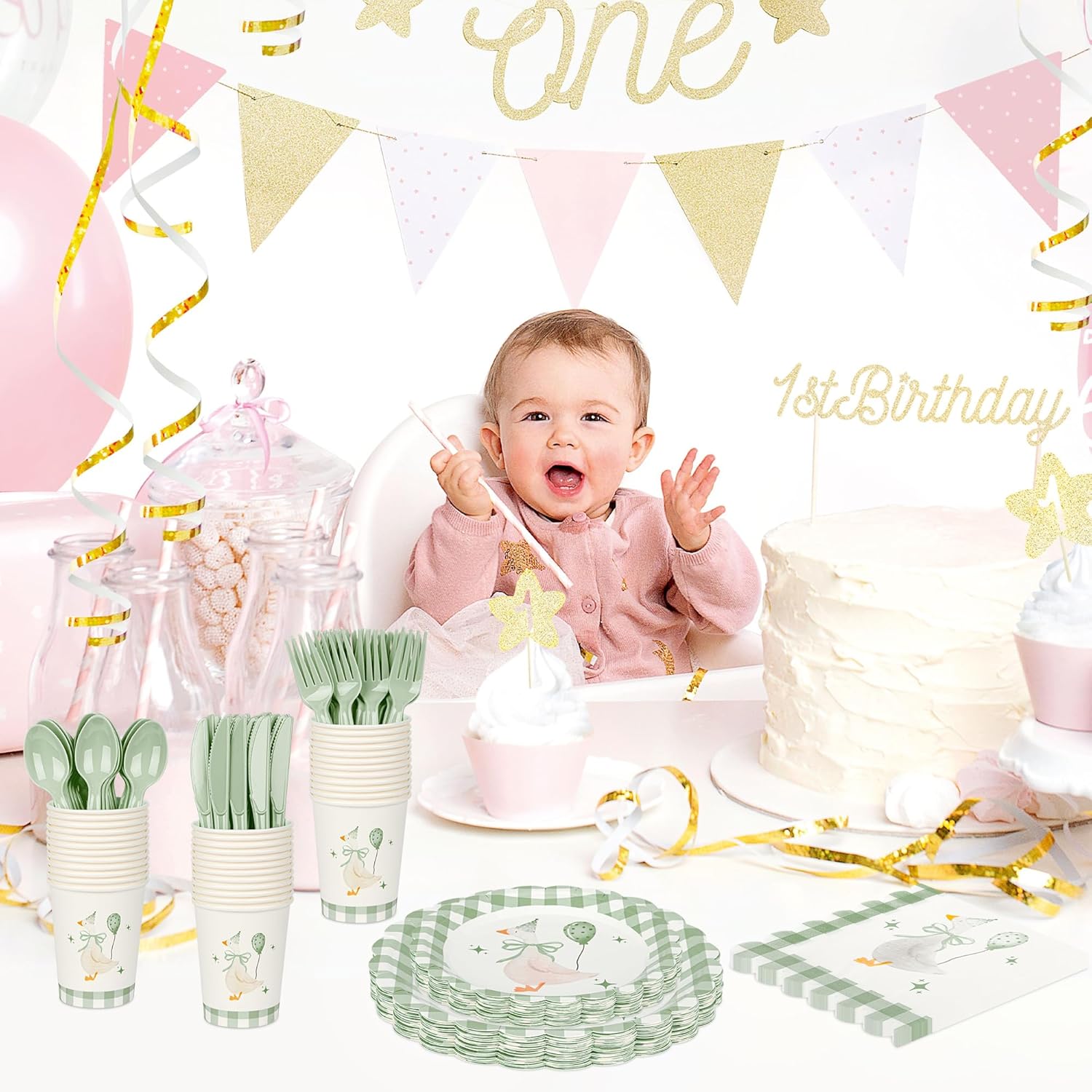 175PCS One Silly Goose Birthday Party Tableware Set, Sage Green Gingham Party Supplies for 25 Guests Scalloped Plates and Napkins Green and White Paper Plates Checkered Decor Set for Birthday