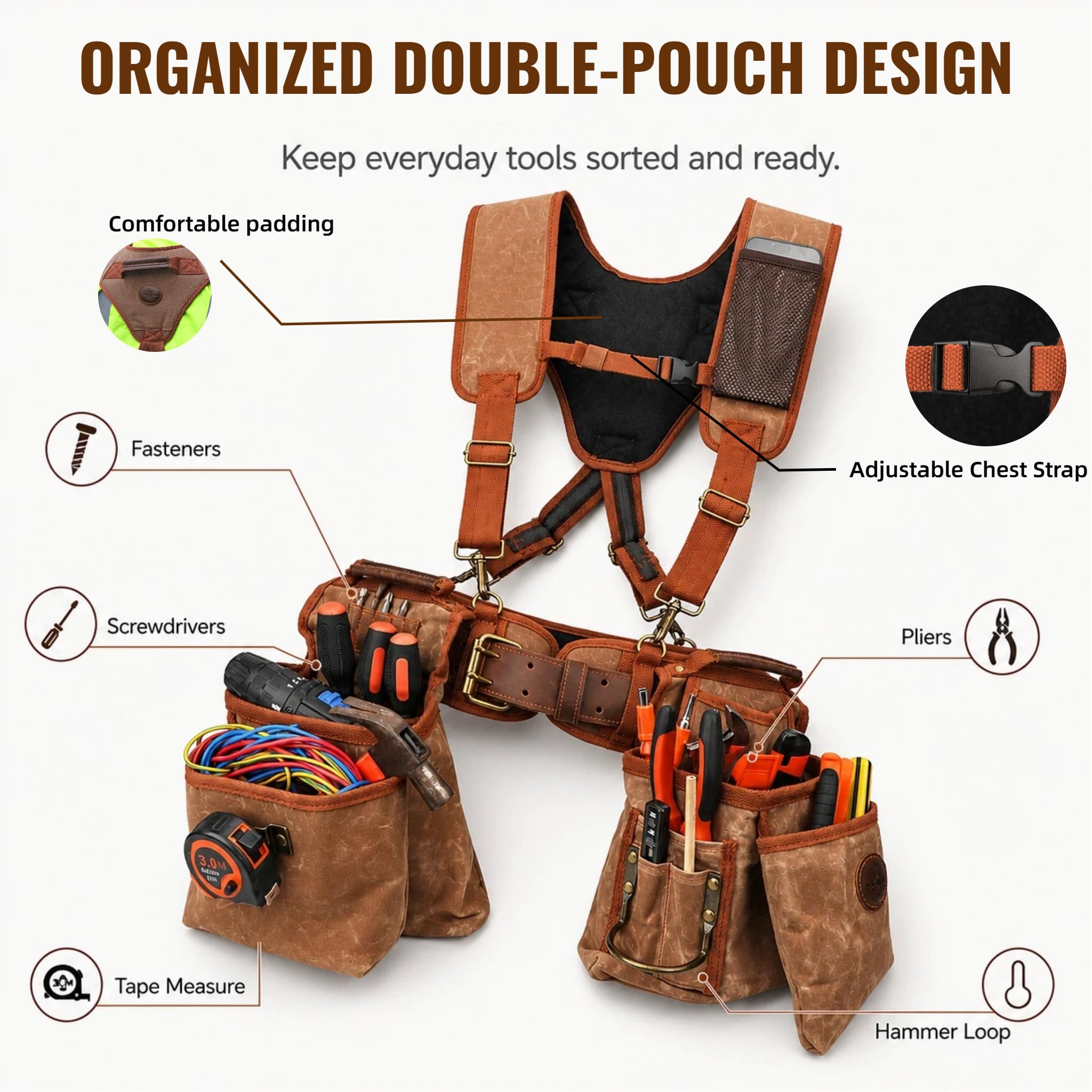 Tourbon Ceinture à outils de menuiserie détachable et robuste avec bretelles en toile rembourrée pour encadrement de construction