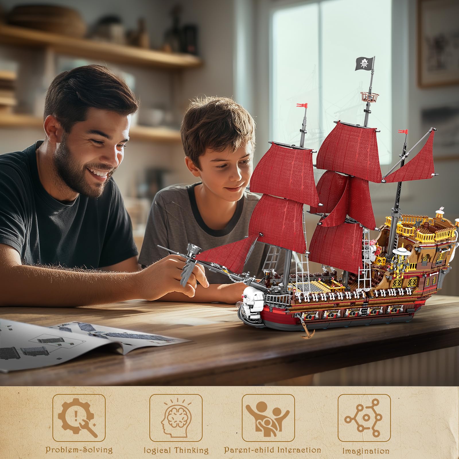 Reobrix 66010 - Modèle bateau pirate - Briques de construction - Jouet - Cadeau pour enfants et adultes - Décoration de maison