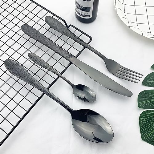 Miniatura 2 de Juego de cubiertos JASHII de acero inoxidable martillado de 24 piezas de cubiertos con mango de rombo con mango de espejo, cuchillos,