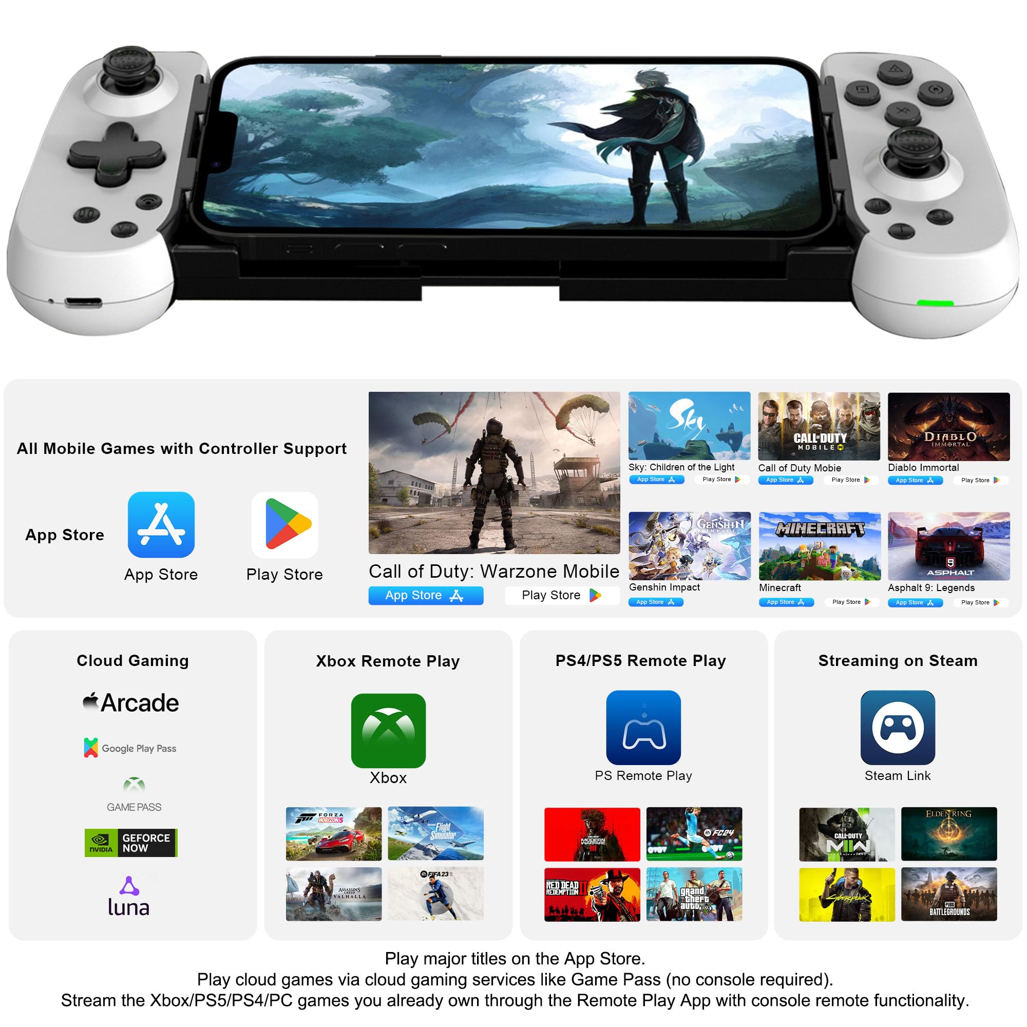 Joso Controller di gioco mobile per iPhone/Android/PC/Switch/PS4/PS3, joystick Bluetooth Gamepad con Turbo/giroscopio/vibrazione a 6 assi, Play Call of Duty, Roblox, Genshin Impact, Cloud Gaming,