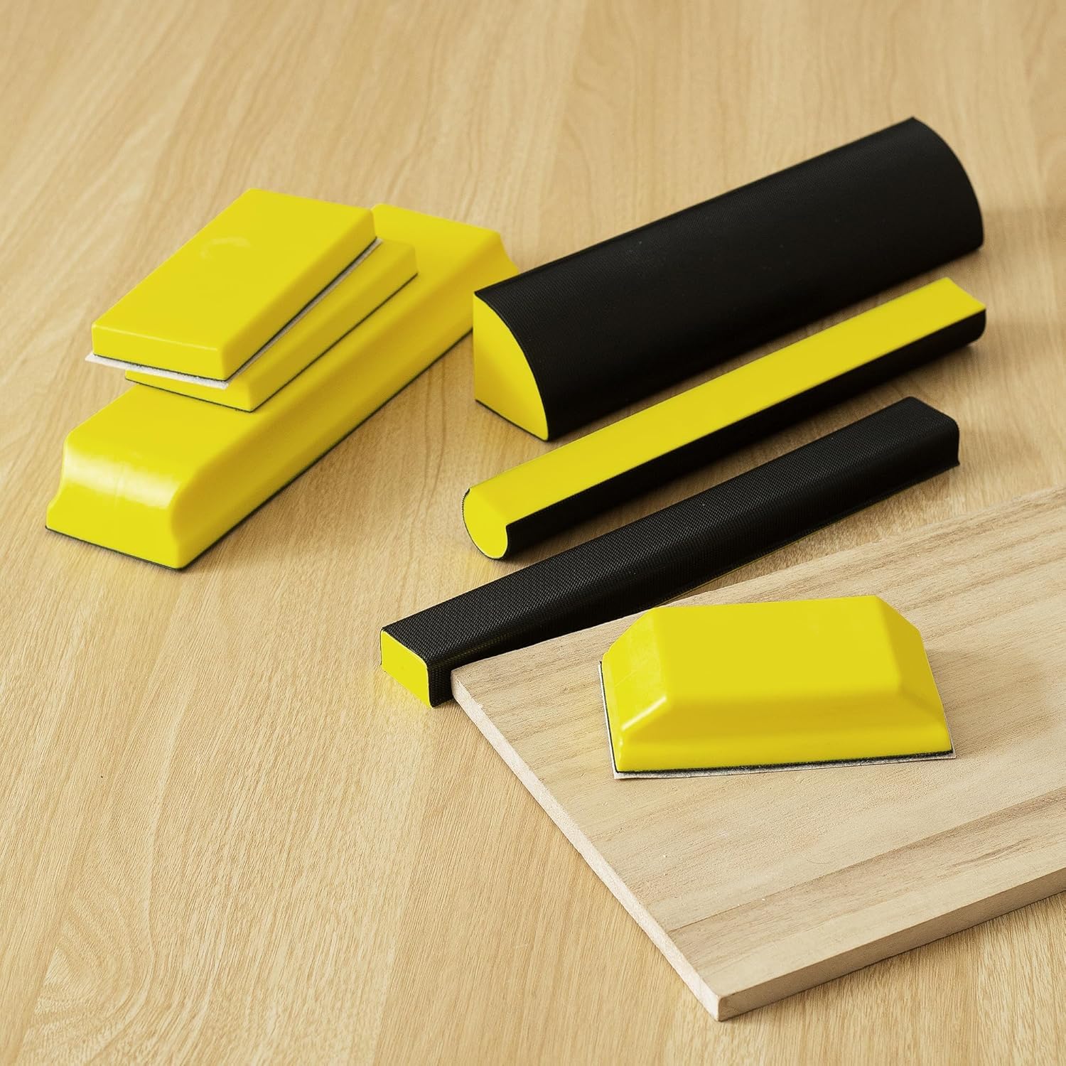 Set 7 Blocchi Levigatura Manuale Gialli per Lavori di Precisione, Forme Multiple adatte a Zone Strette e Finitura Legno/Metallo
