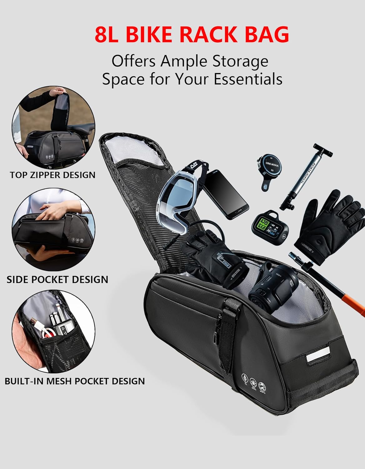 Bike Rack Bag, Reflective Waterproof Bike Bags for Bicycles Rear Rack, 8L Bike Trunk Bag with Multi-Pocket, Bike Backpack with Shoulder Strap for Outdoor Cycling, Commuting