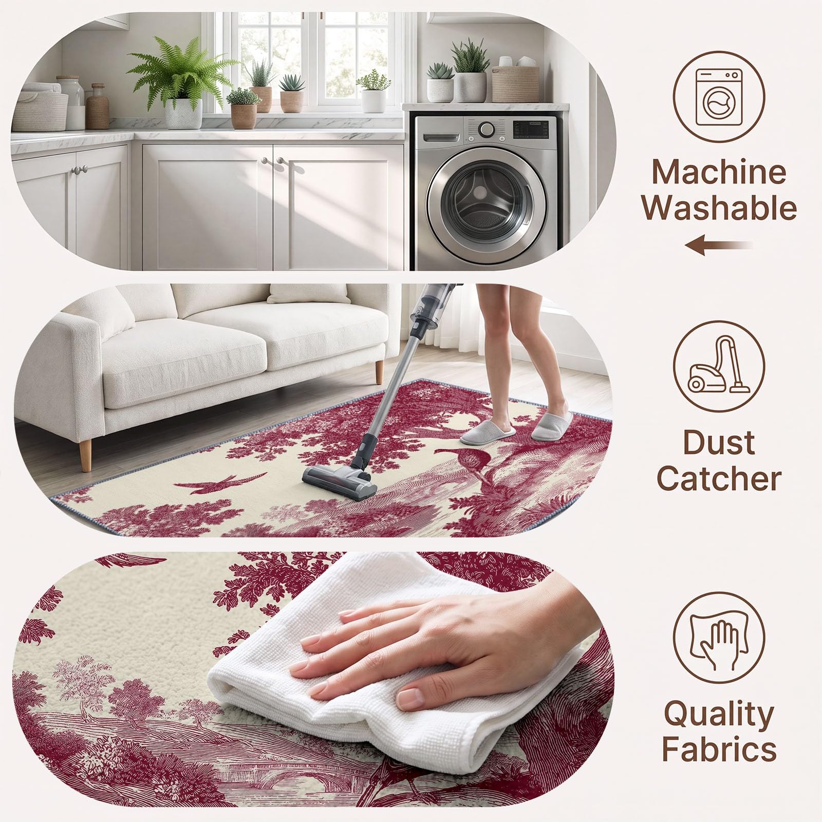 Générique Tapis Lavable en Machine 140 x 200 cm Animaux Oiseaux Branches Feuilles Tapis Poils Courts Anti-Poussière – Design Élégant et Antidérapant – Parfait pour Salon, Chambre et Couloir, Rouge