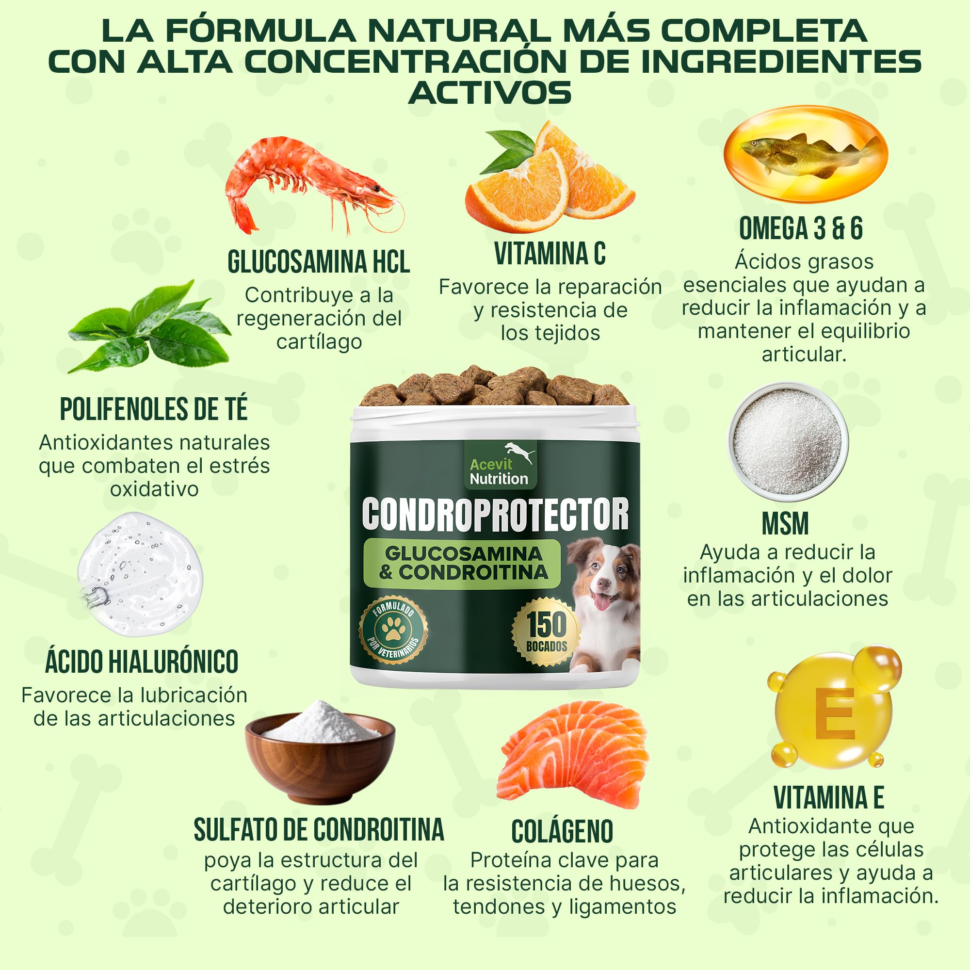Condroprotector Perros, 150 uds, 100% Natural, Articulaciones y Cartílagos, Antiartrosis con Glucosamina, Condroitina, MSM, Ácido hialurónico, Colágeno, Omega 3 y 6, Vitaminas C y E — view 3