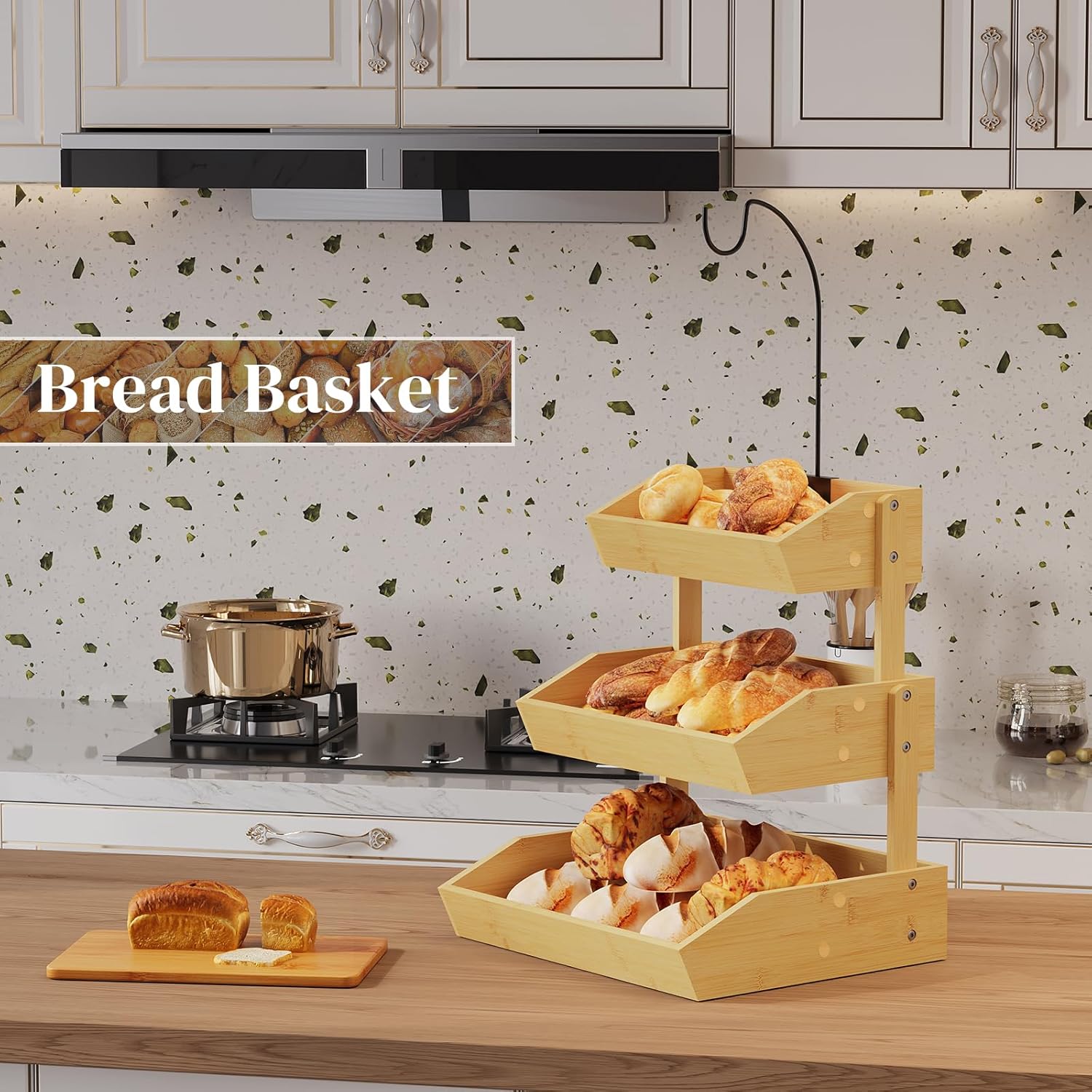 Bamboo Fruit Basket, Fruit Holder With Banana Hanger, Fruit Bowl, Kitchen Counter For Fruit and Vegetable Storage, Bread Basket, Snack Organizer Holds (Natural, 3-Tier)