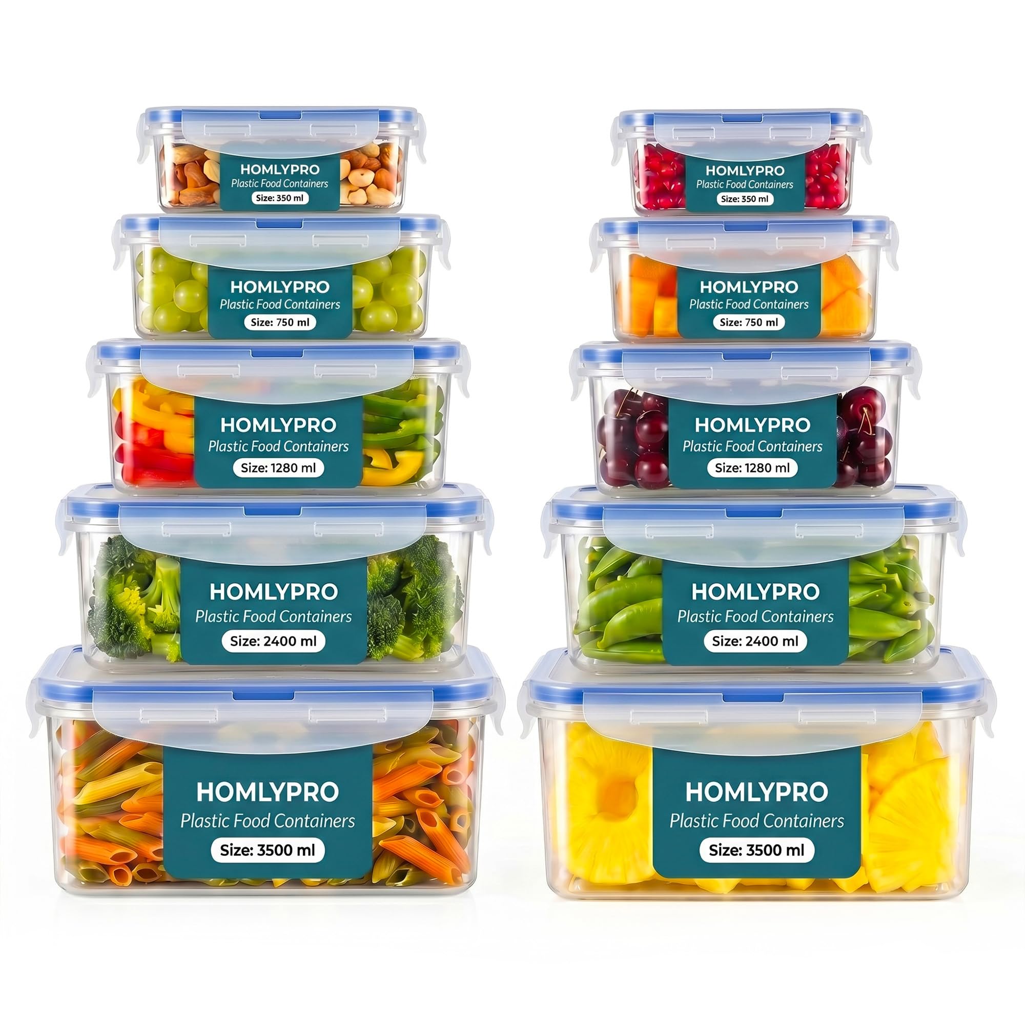 Homlypro Transparent 20 Pieces Plastic Food Containers With Lids (10 Boxes & 10 Lids) Leakproof Airtight Meal Prep Containers, Stackable Bpa-Free, Freezer Microwave Dishwasher Safe