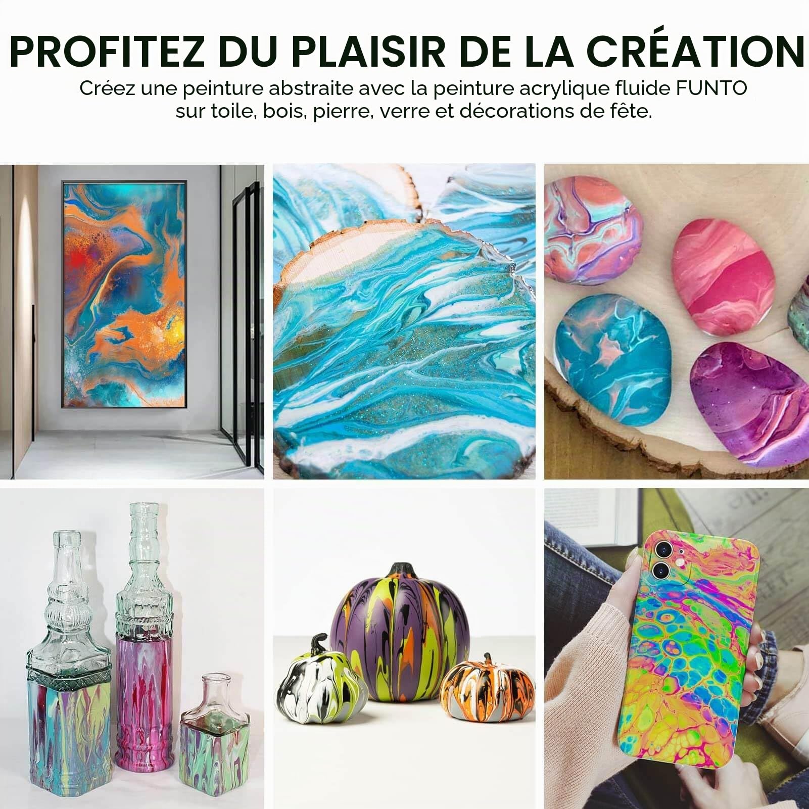Funto Lot de 36 flacons de peinture acrylique de 60 ml, avec huile de silicone, couleurs assorties, peinture acryli, fournitures d'art pour verser sur toile, verre, bois, carrelage, rocher