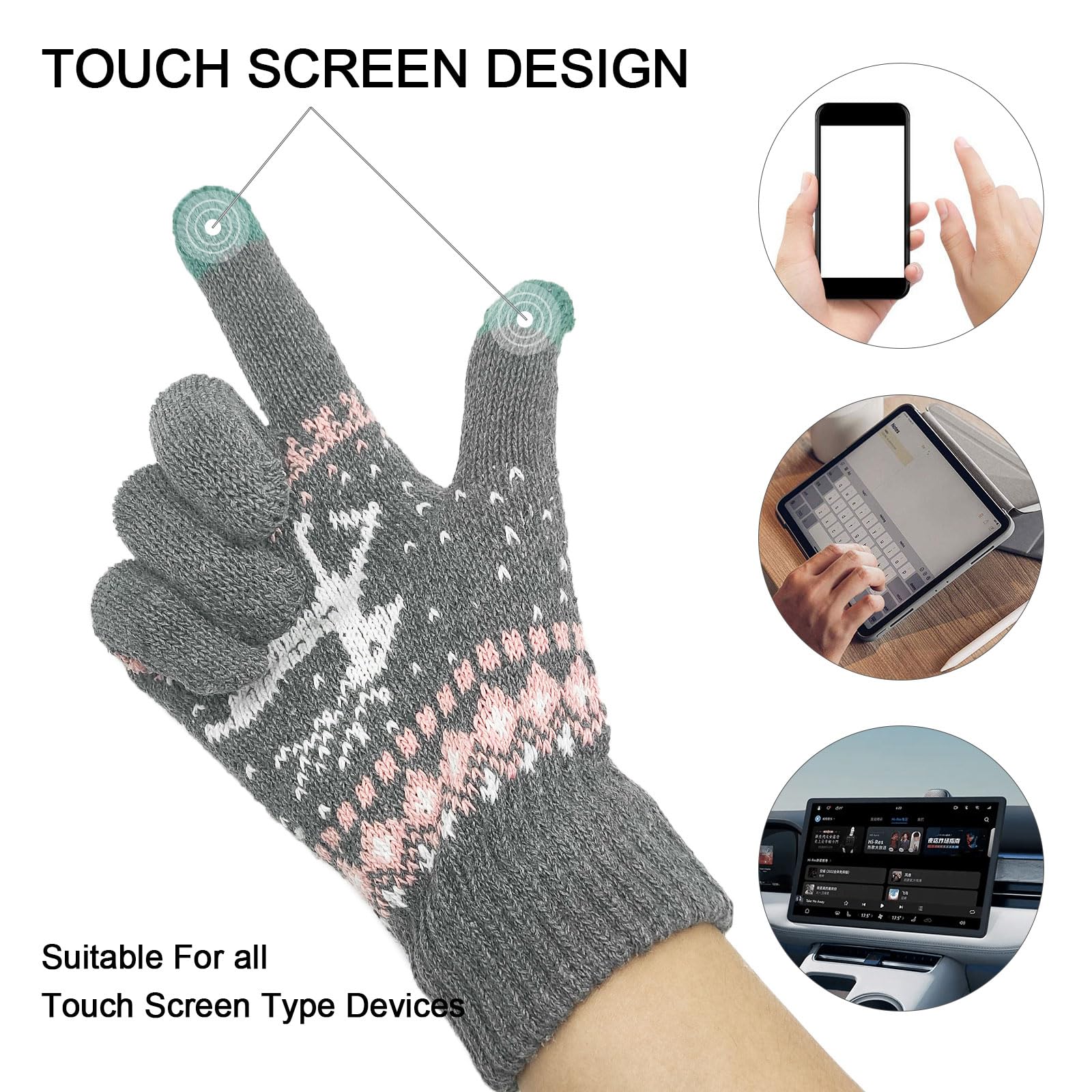 Gants D'hiver Tactiles Femme - Tricot élastique Chaud - Pour Ski, Vélo, Randonnée