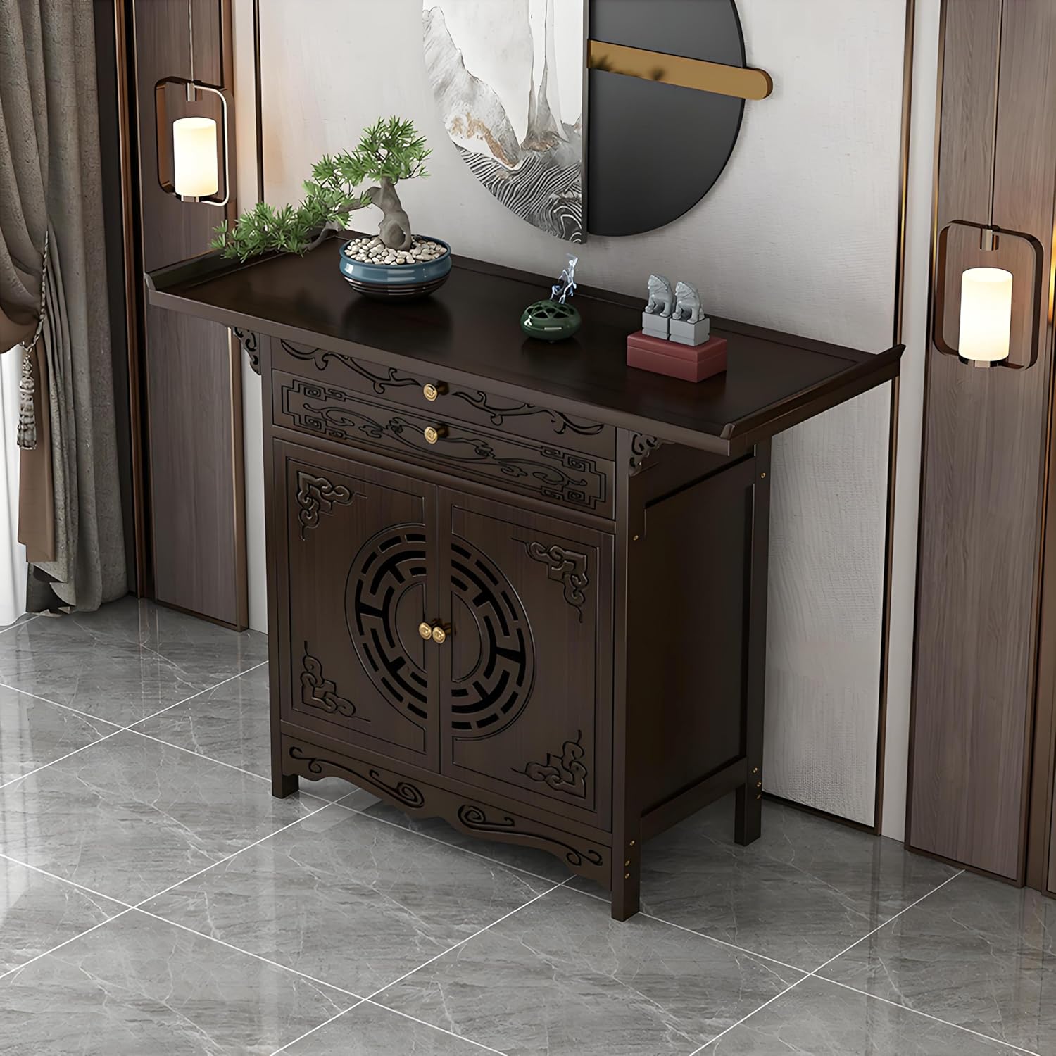 Meditation Altar Table - Buddhist Pooja Shrine Altar Table Shrine Ancestral Ancestor Chinese for Altar Pooja Tables High Altars with Storage (W39.4″ X H39.4″ X D15.7″)