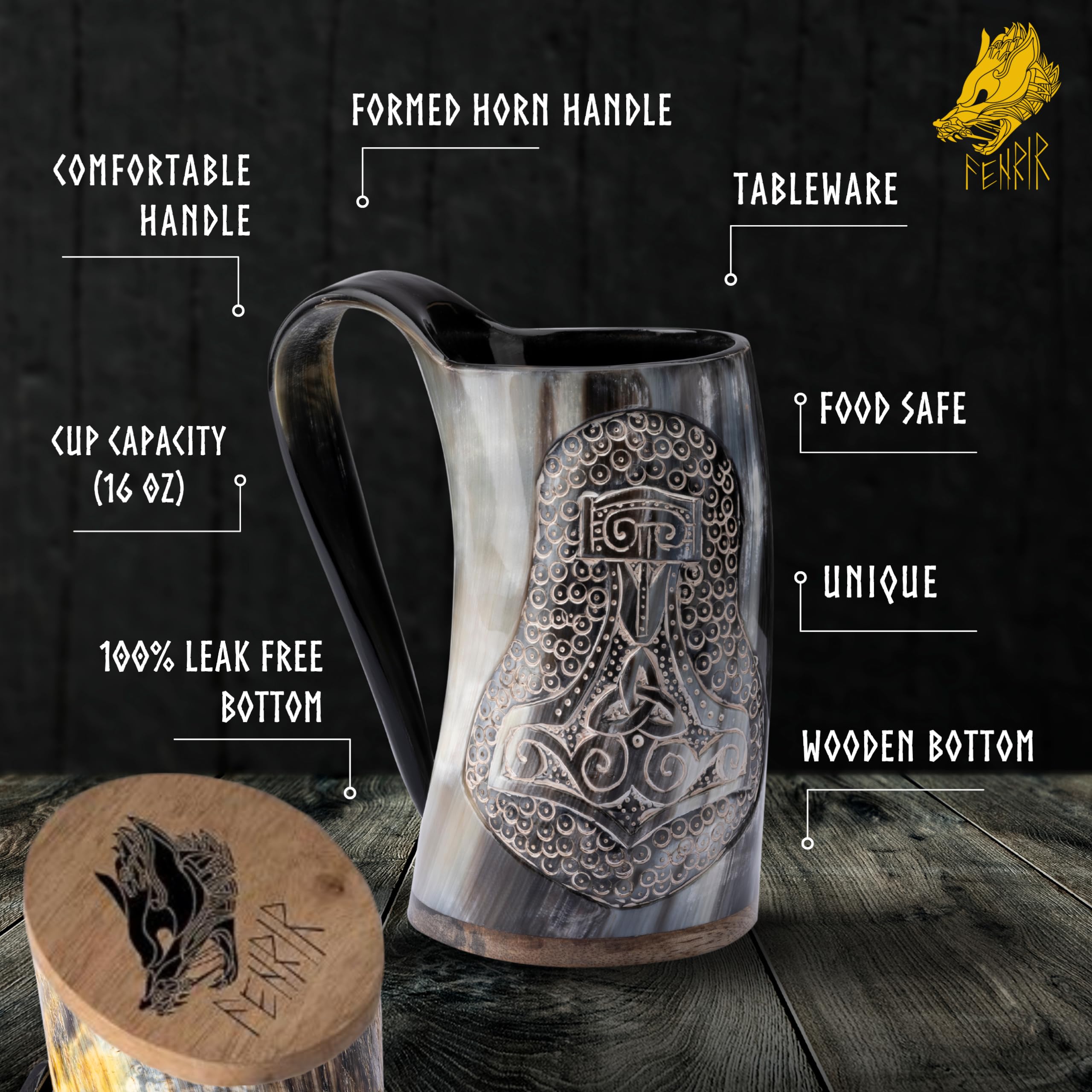 FENRIR Viking Drinking Horn Mug-16 oz | Viking Gifts For Men | Bottle Opener | Norse Horn Cup For Beer, Ale, Mead | Unique Handmade Real Oxhorn | Premium Thor Edition (Natural Shine Polished)