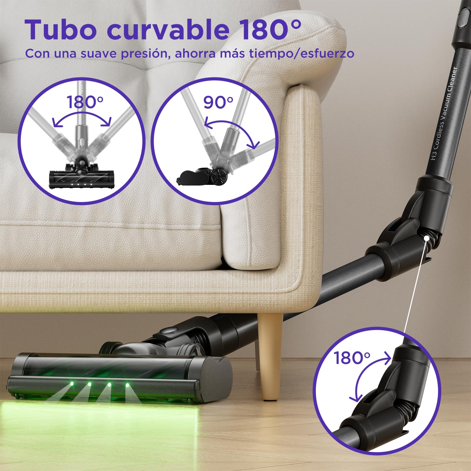 45Kpa/550W Aspiradora sin Cable,Aspiradora Escoba sin Cable con Batería Extraíble de 21.6V,60 min de Autonomía,Aspiradora Autocargable,Tubo Flexible,4 Programas,Luz Verde,1.5L (Negro)