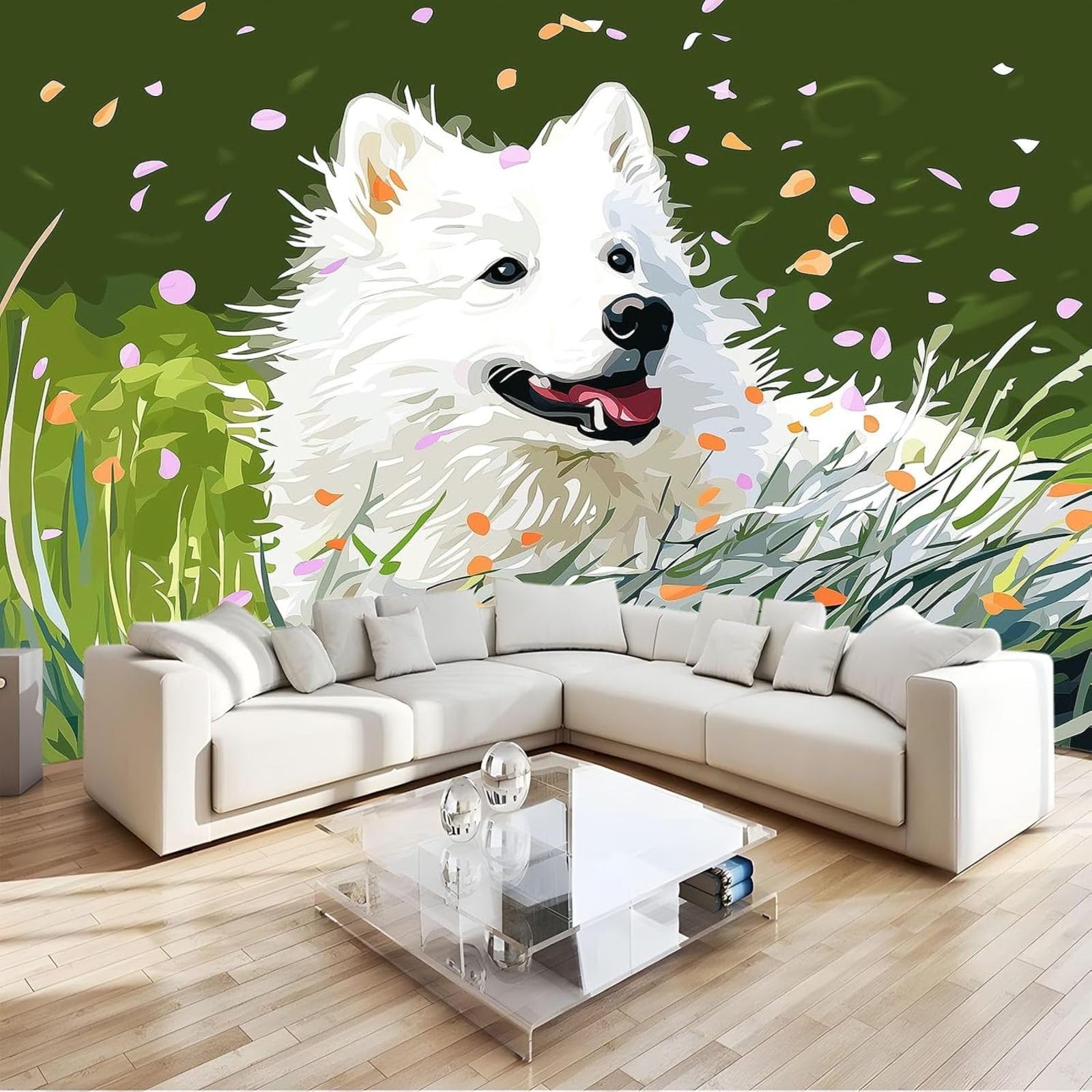 kfjhgbdshhj Photo Wallpaper Oil Painting Samoyed Dog Wallpaper wall Mural Modern wall Bedroom Living Room wall Wallpaper, Green, 200cm x 140cm