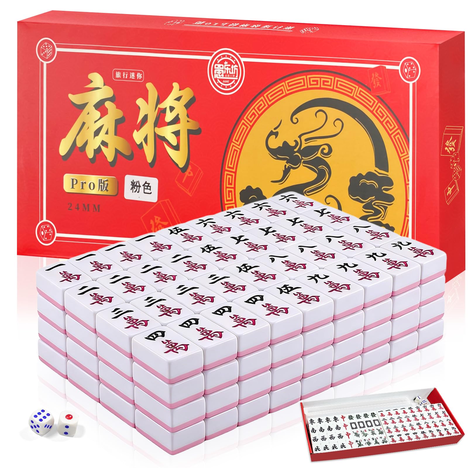 Mini Set Mahjong 24mm, Gioco da tavolo portatile tradizionale con 144 tessere, 4 supporti e 2 dadi, Gioco di viaggio compatto e di strategia per adulti (Rosa)
