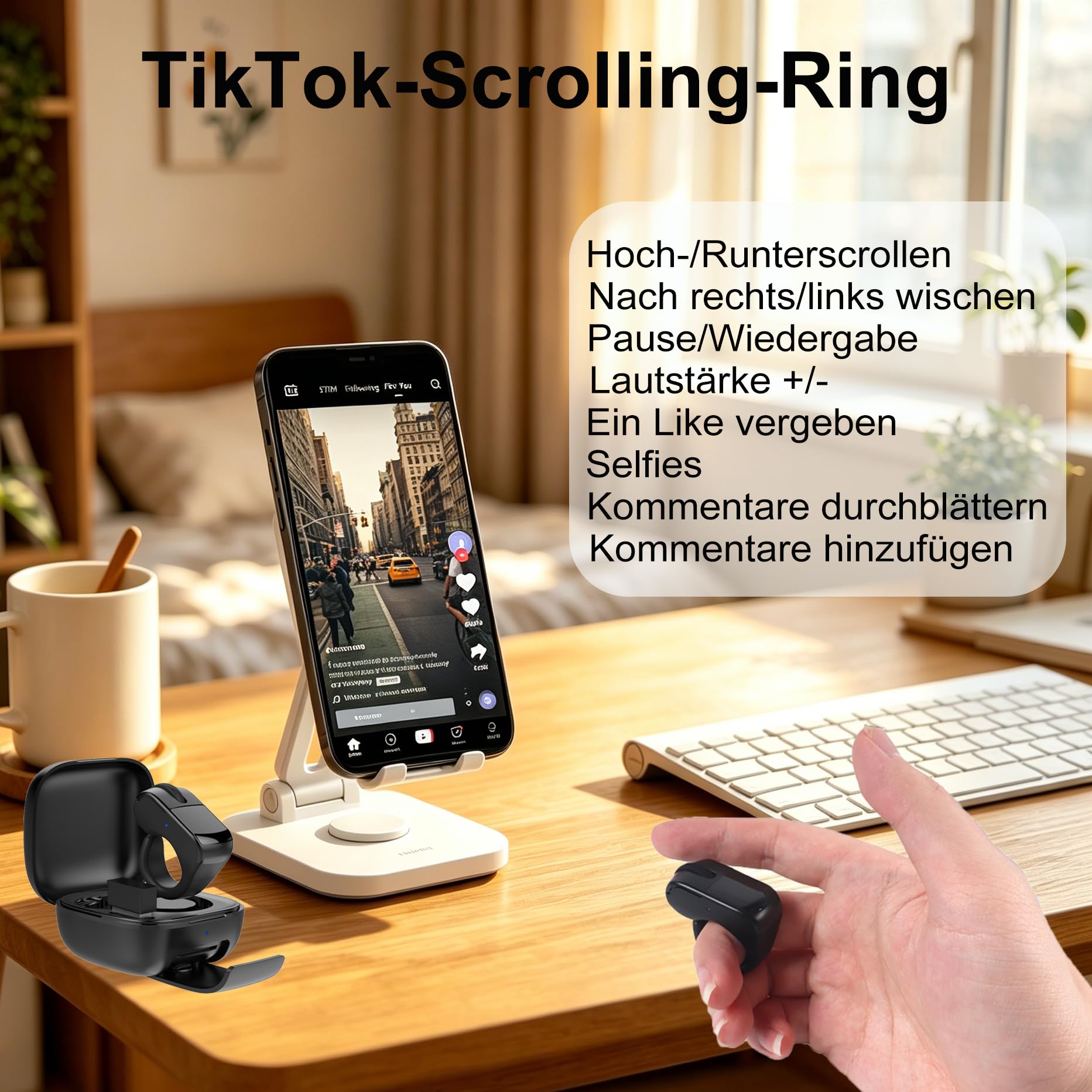 TikTok-Scrolling-Ring, Bluetooth-Fernbedienung mit Touchpad, Wiederaufladbar mit Ladehülle, Fernbedienung für Kurzvideos, Kamera-Auslöser, E-Book Seitenwender, für Telefon Tablet iOS Android(Schwarz)