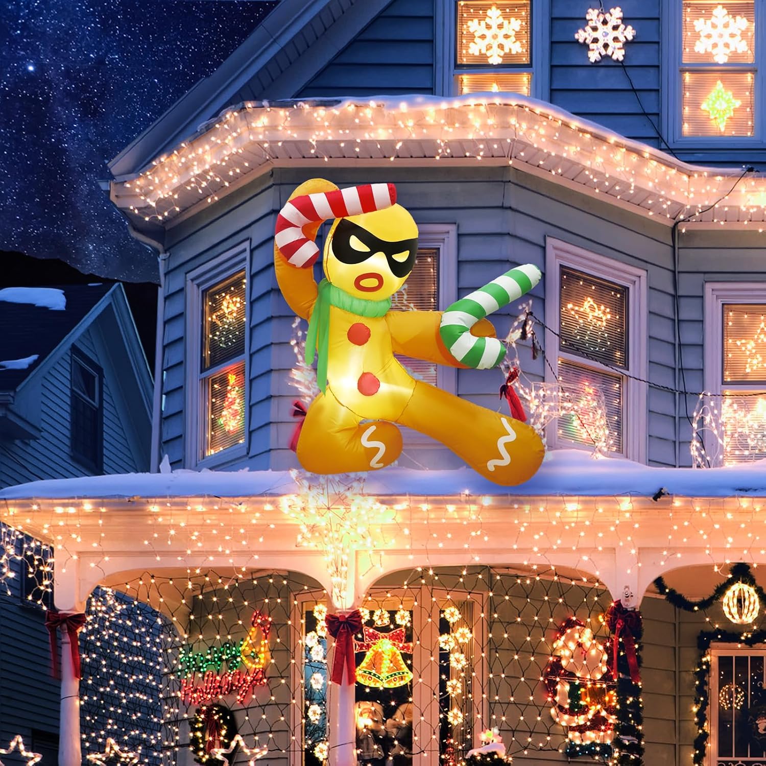 OurWarm 3.5 Ft Christmas Inflatables Outdoor Decorations Kungfu Gingerbread Man with Candy Cane Broke Out from Window Built-in LED Lights Xmas Blow up Decor for Outside Indoor Yard Garden Home