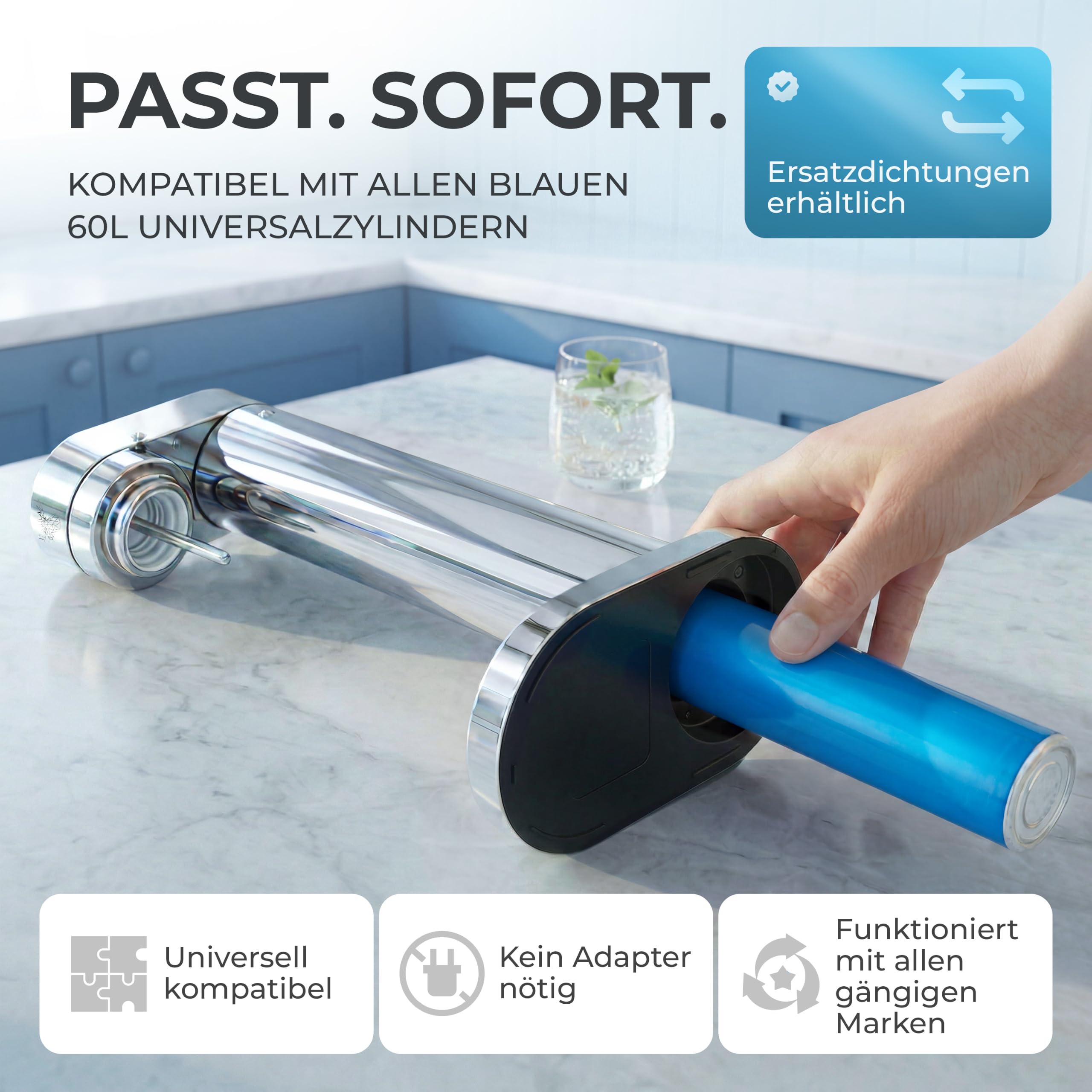 Luckymoose Infinity-S Wassersprudler aus hochwertigem Edelstahl (Silver/Silver) – inkl. 2x 1,25L Edelstahlflaschen – extra hygienische herausnehmbare Düse – Langlebige CO₂ Sprudelwasser Maschine