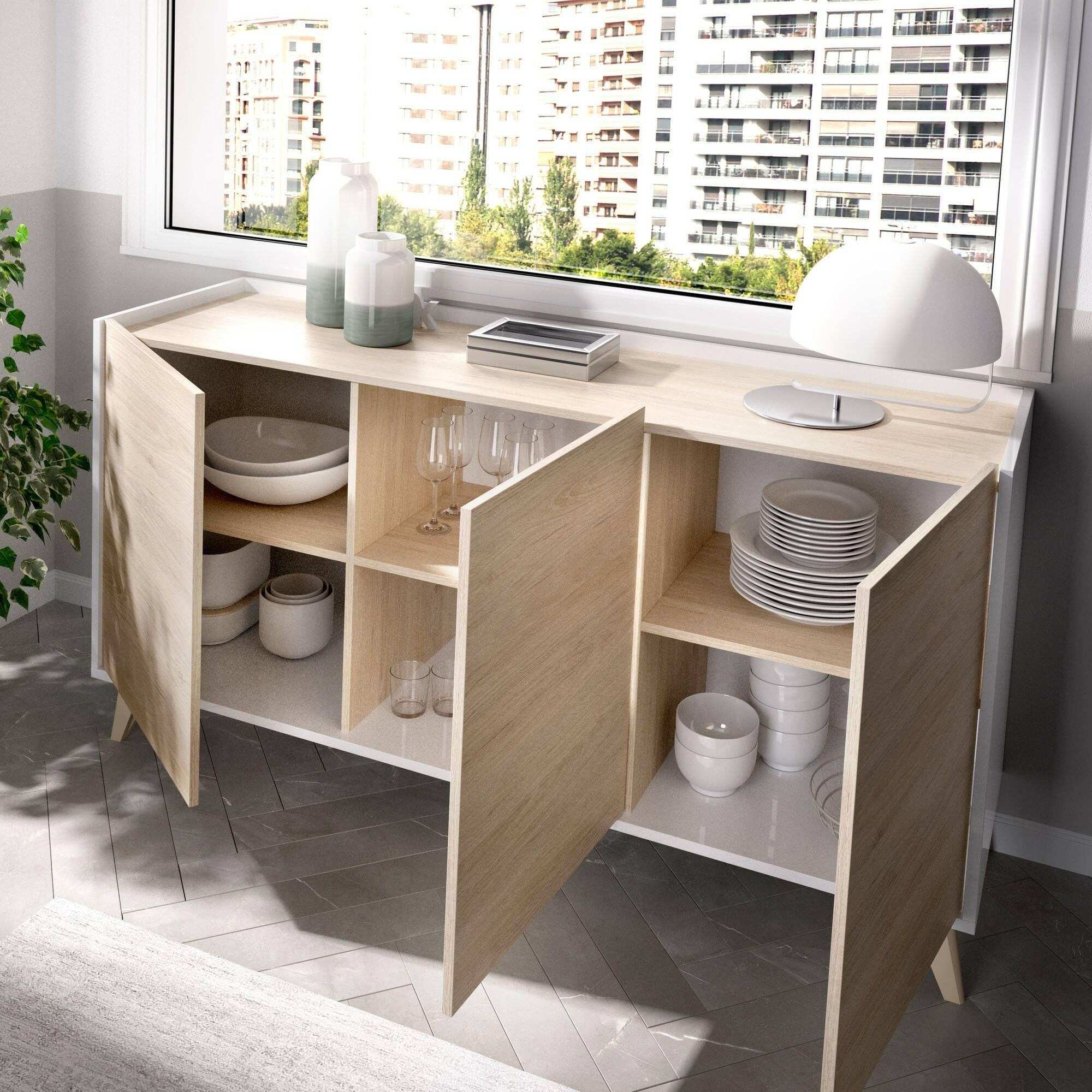 Dmora - Credenza Avez, Buffet da soggiorno, Madia moderna da salotto a 3 ante, 155x43h75 cm, Rovere e Bianco