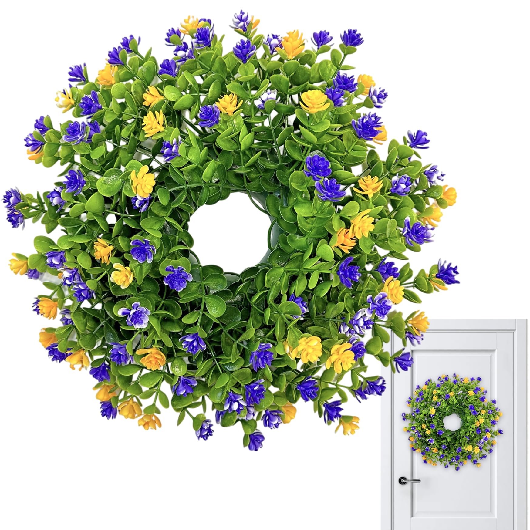 Gcroet Floral Wreath, 33cm Summer Wreath with Artificial Eucalyptus and Flowers for Front Door, All Season, Outdoor Indoor Decor Purple and Yellow..