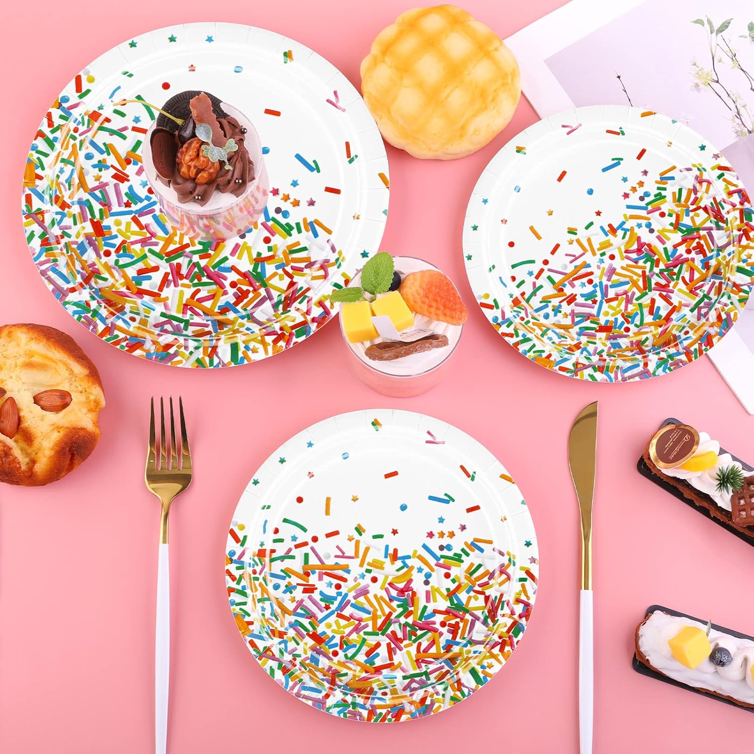 durony 48 Pieces Confetti Sprinkles Plates Thick Paper Plates Party Dessert Plates Decorations for Weddings Birthday Theme Party Supplies (7 Inches, 9 Inches)