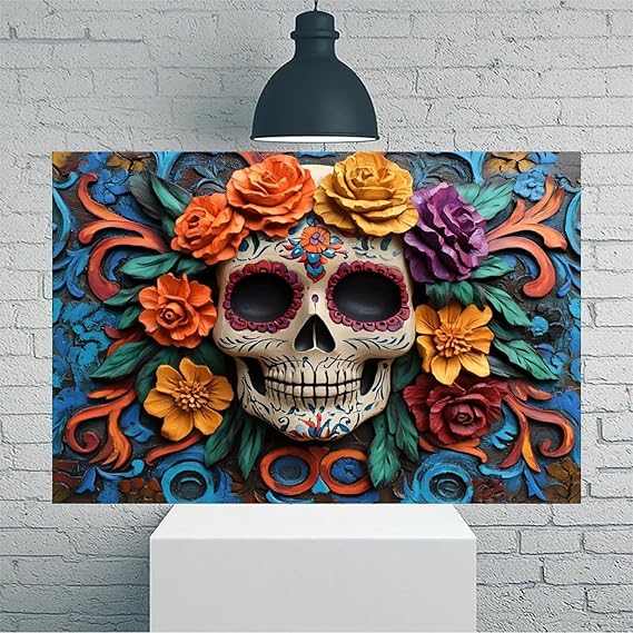 Carved Floral Sugar Skull Vintage Rustic Canvas Wall Art - 12x18in Unframed Poster- Idea Gift For Home & Office Decor for Living Room, Bedroom, Kitchen & Cafe