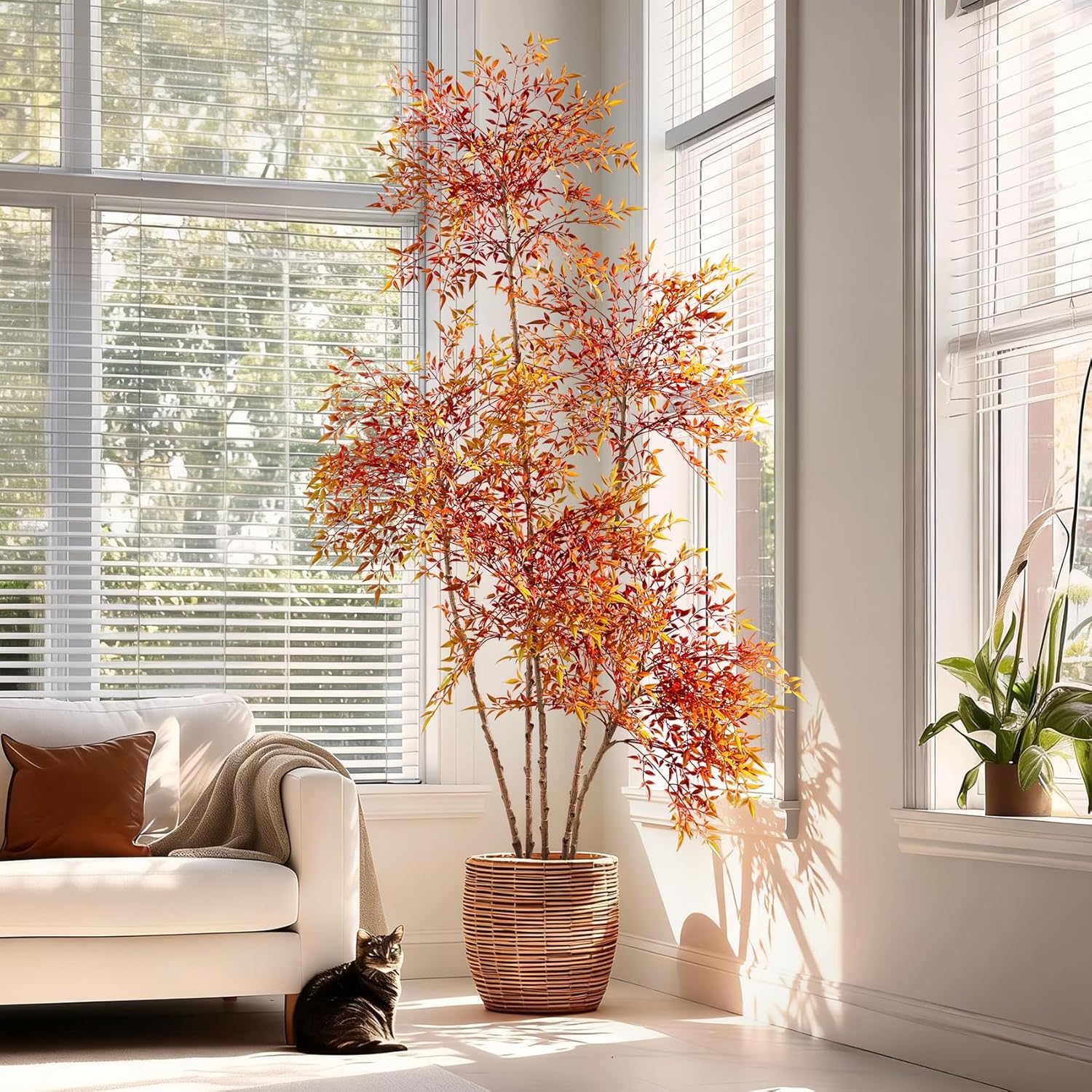 Faux Bamboo Plant Artificial Nandina Tree 7.2FT Artificial Plants Realistic 90% Better Coverage Faux Plant Bamboo Plants Faux Floor Plant in Pot for Home & Office Decor (Red, 7.2ft) - Image 8