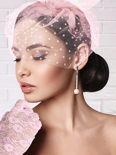 Miniatura 5 de Honoson Juego de 4 Sombreros Fascinadores para Mujer, Accesorio de Tocado para Fiesta de Té, Velo, Guante de Encaje, Juego de Perlas, Boda,