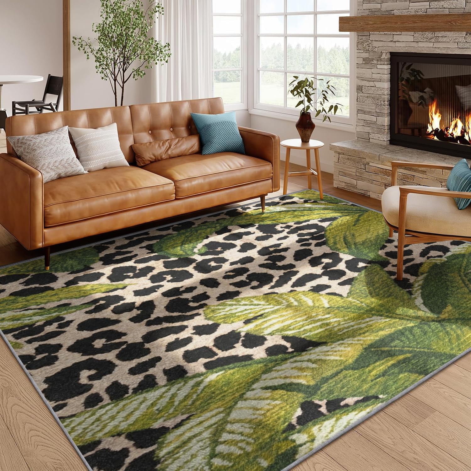 SMXVRC Leopard Print Jungle Area Rug, 80x150cm, Tropical Green Leaf Animal Print Carpet for Lounge Bedroom, Non-Shedding Maximalist Botanical Mat, Absorbent Soft Foldable Rugs
