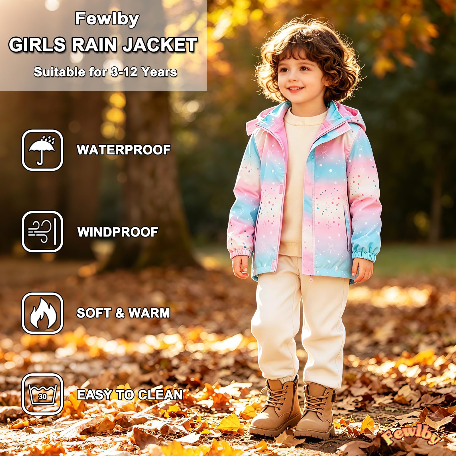 Fewlby Regenjacke Mädchen, Softshelljacke Kinder Regenmantel mit Kapuze Windbreaker Wasserdichte Jacke Leichte Übergangsjacke, 9-10 Jahre