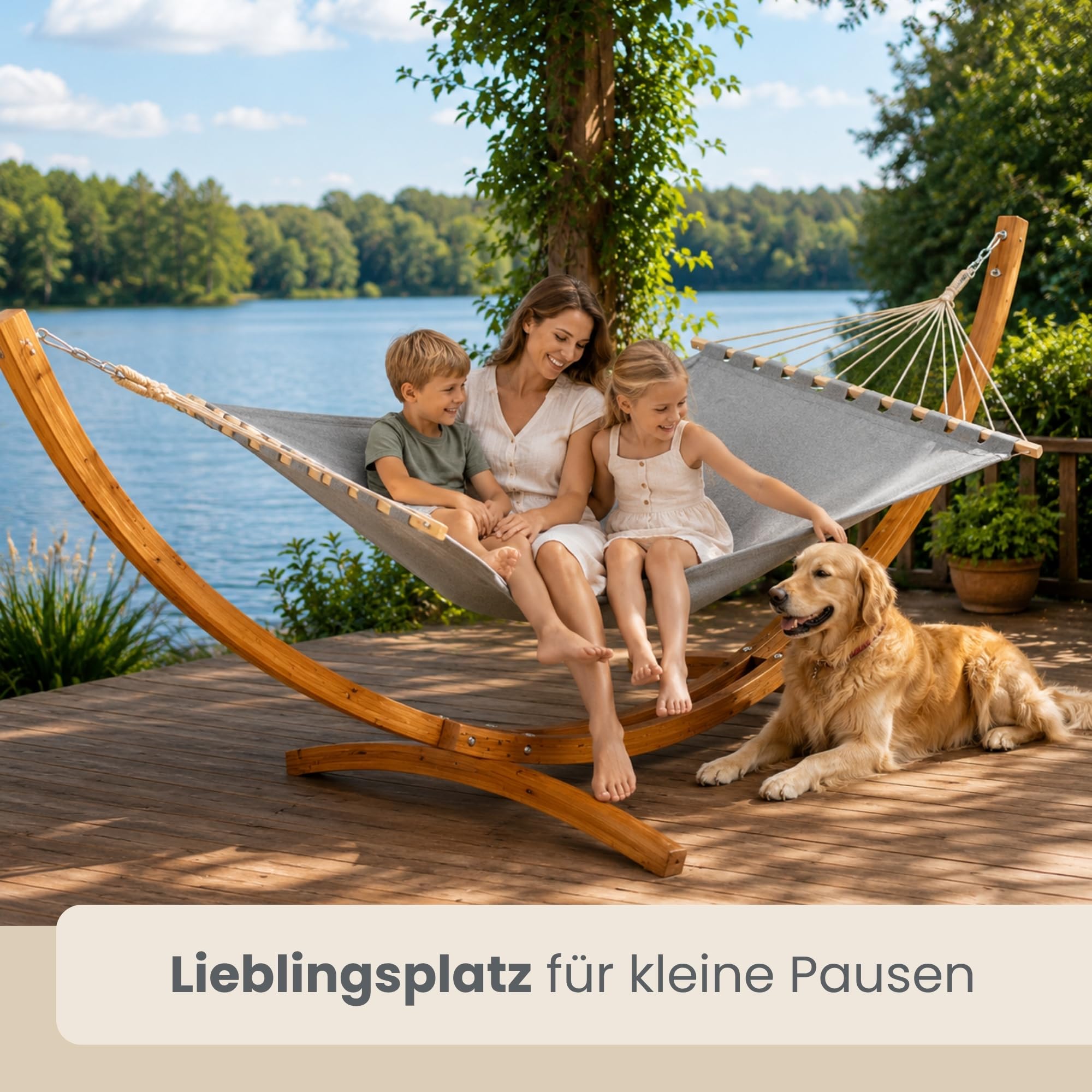 AMANKA XXL Hängematte mit Gestell 325 cm – stabiles Outdoor Hängemattengestell aus Holz mit Grauer Stabhängematte für Zwei Personen – entspanntes Hängemattenset für Garten Balkon oder Terrasse