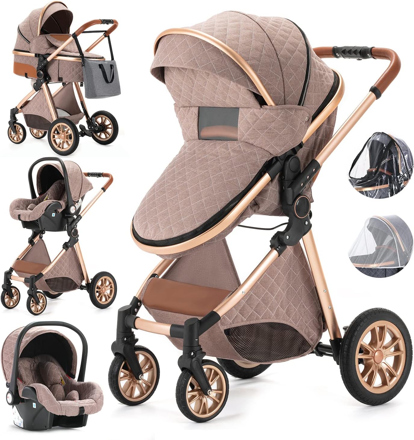 Gcarebb Carrito Bebe 3 en 1, Cochecito Bebe 3 Piezas Con Asiento De Auto, Cochecitos Portátil Plegable Con Un Clic, Carricoche Combinado Paisaje Alto Marco de Aluminio Para Recién Nacido