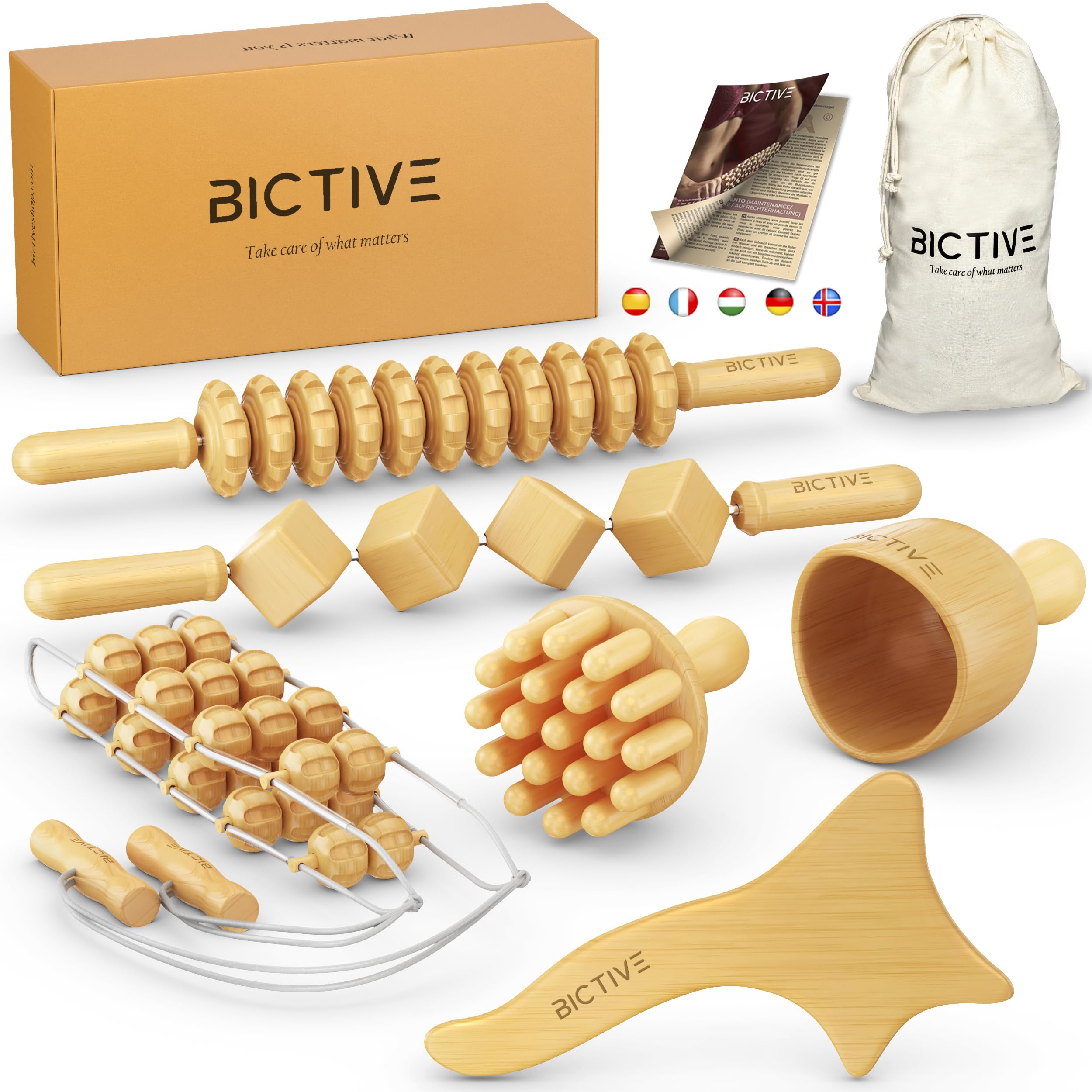 BICTIVE® Kit Maderoterapia Corporal Completo 6 Piezas y Bolsa, Calidad Profesional. Masajeador Celulitis, Maderoterapia Kit, Drenaje Linfatico Piernas, Rodillo, Copa Sueca, Champiñon, Abdomen
