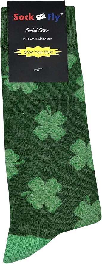 Four Leaf Clover Dress Socks Funny Novelty Crazy Fun Design Men Size 8-12 Cotton Casual Crew Colorful Funky Fancy Socks Gift for Men