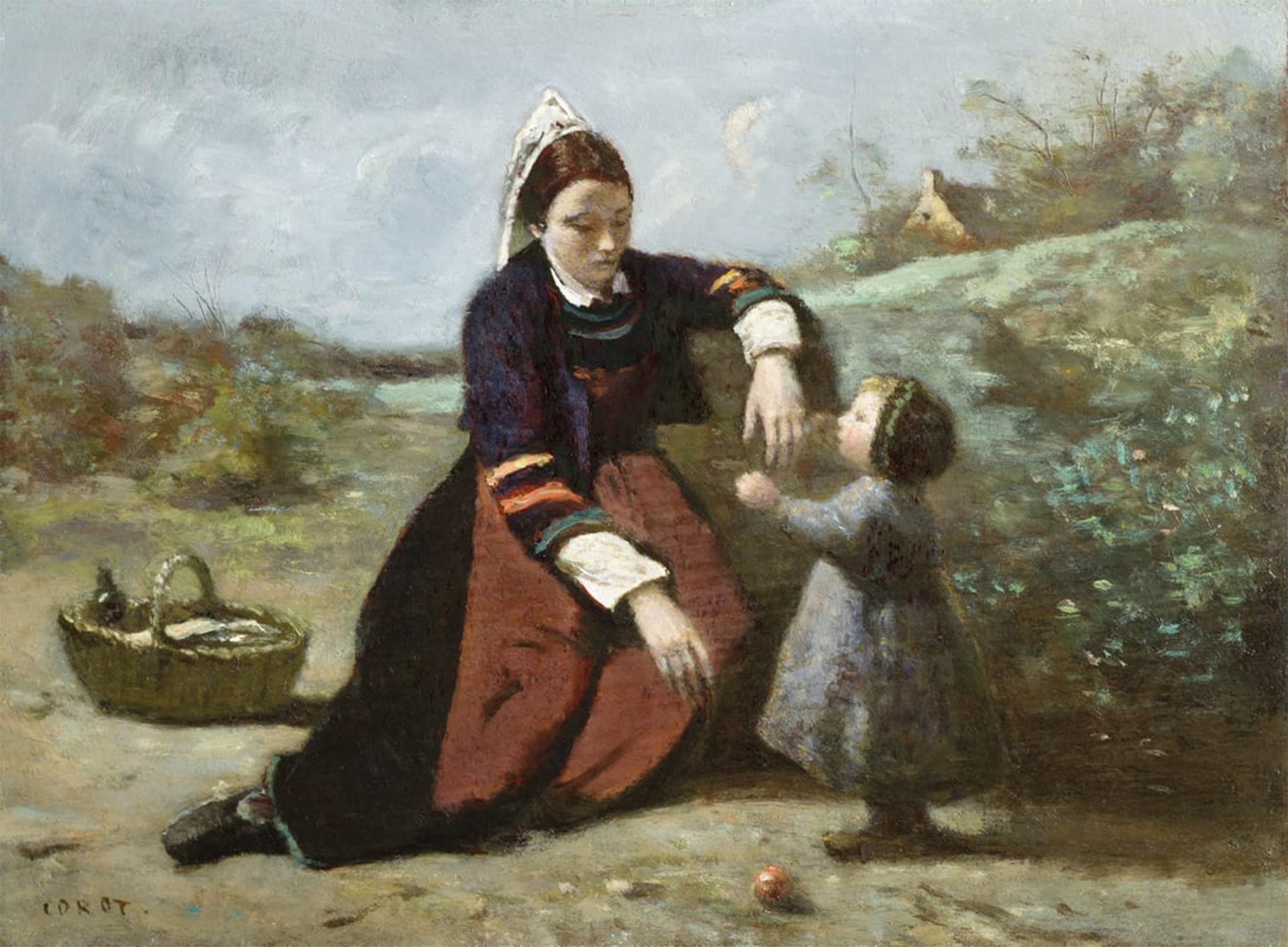 POSTERIIk Vintage Art Print Images Pictures Print Breton Woman and her Little Girl by Jean Baptiste Camille Corot Modern Colour Posters for Office Home Decor 60x90cm