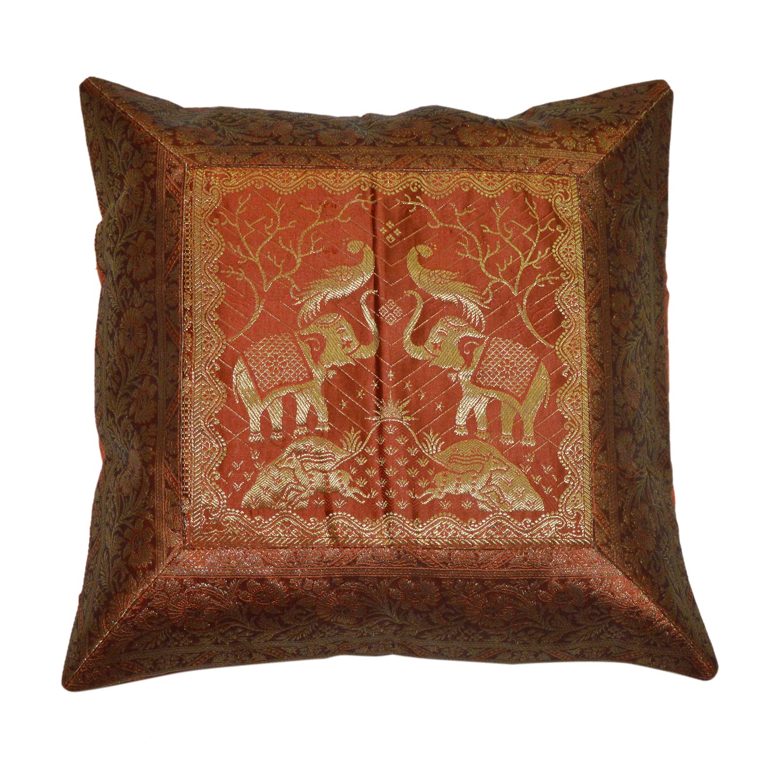Marusthali Handcrafted Silk Elephant Bohemian Cushion Cover - 16x16 Inch, Patchwork Boho Throw Pillow Cover (Green) - View #10