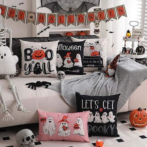 Miniatura 6 de DFXSZ Juego de 4 fundas de almohada de Halloween de 20 x 20 pulgadas, diseño de calabazas fantasmas en blanco y negro, fundas de almohada para