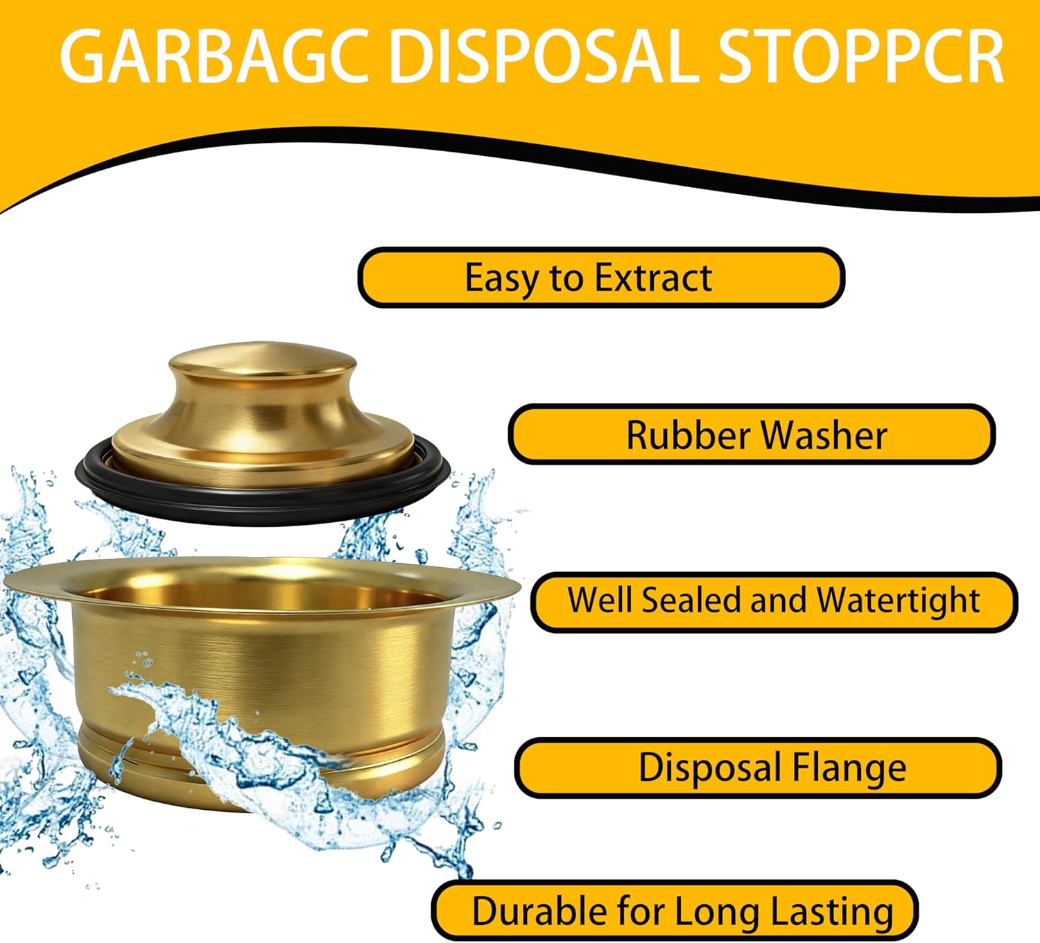 Kitchen Sink Garbage Disposal Flange and Stopper, Universal Flange Fit 3-1/2 Inch Sink Drain, 304 Stainless Steel Replacement Accessory for Garbage Disposer (Gold)