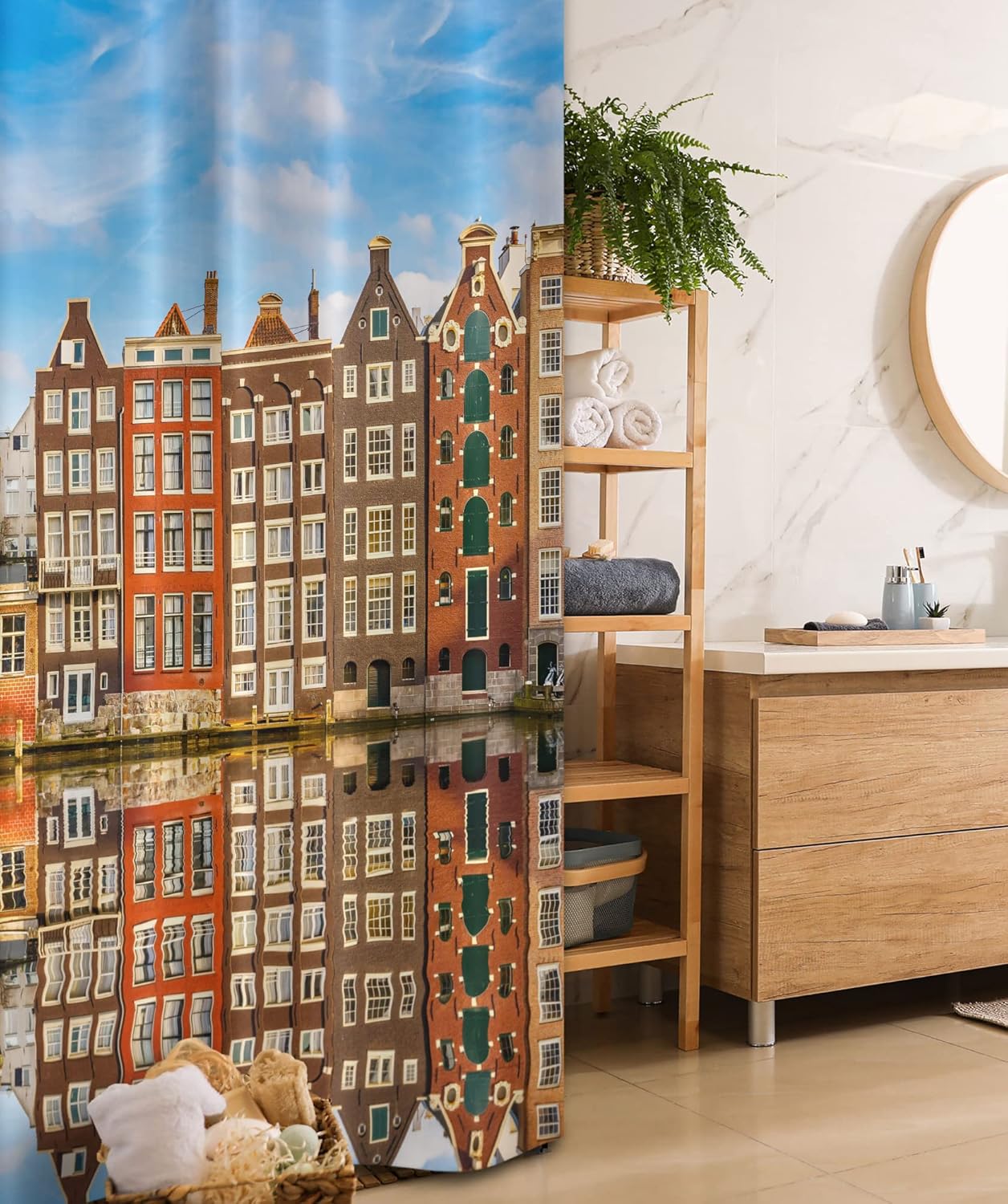 Ambesonne Scenery Stall Shower Curtain, Traditional Dutch Buildings on Canal Amsterdam Heritage Reflection Scene, Fabric Bathroom Decor Set with Hooks, 36" W x 72" L, Orange Brown and Blue