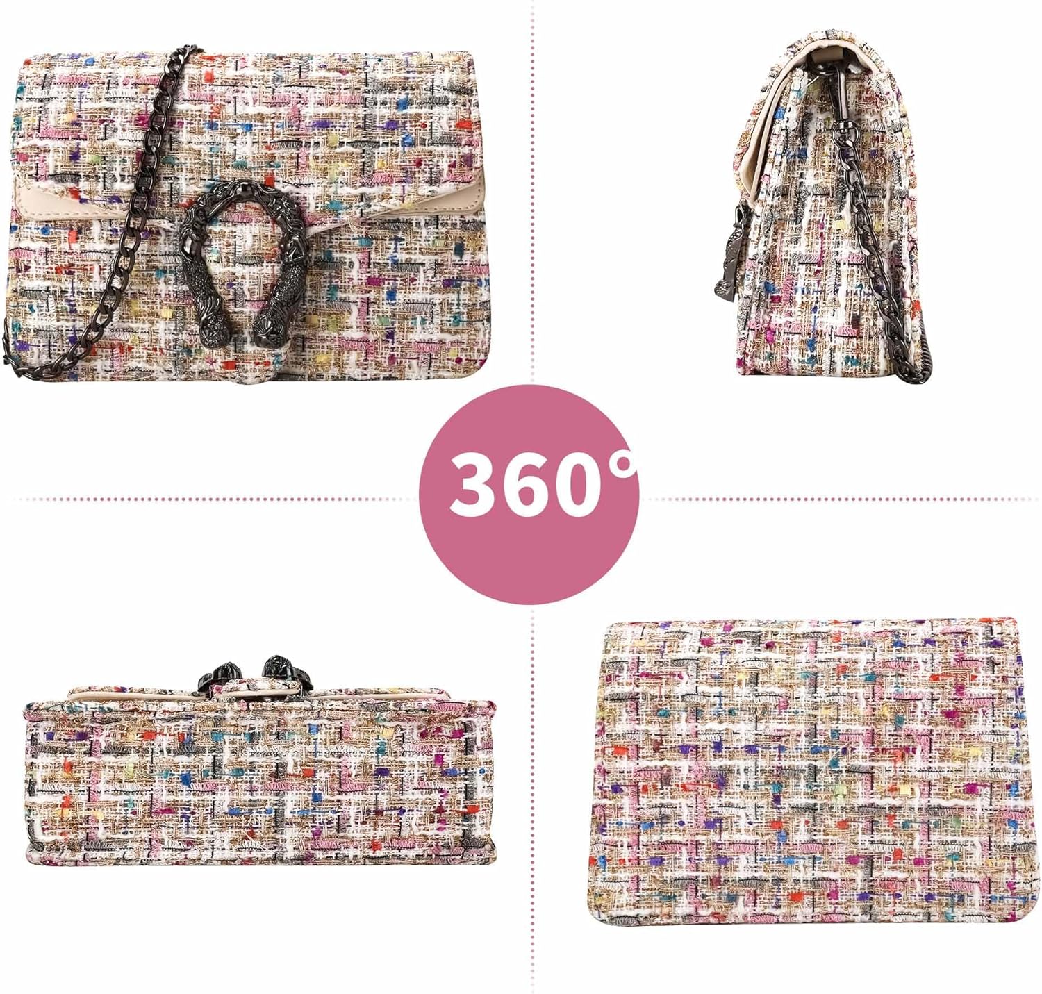 Women's Tweed Purses and Handbag PU Leather Woolen Chain Satchel Shoulder Bags Totes Crossbody Underarm Bag Clutch | Tweed, PU Leather, Woolen, Chain, Underarm Bag - Image 4