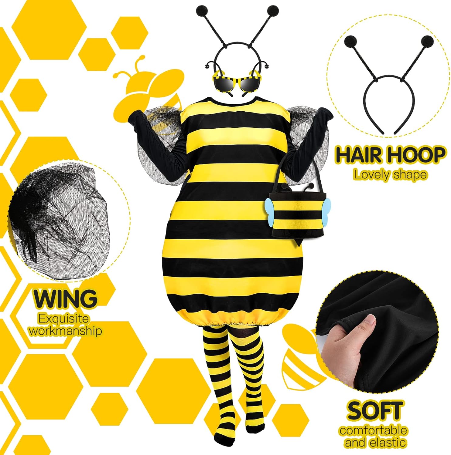 Seematn 9 Pcs Bee Costume Set for Women Adult Halloween Bee Cosplay Costume Women Accessories for Cosplay Party