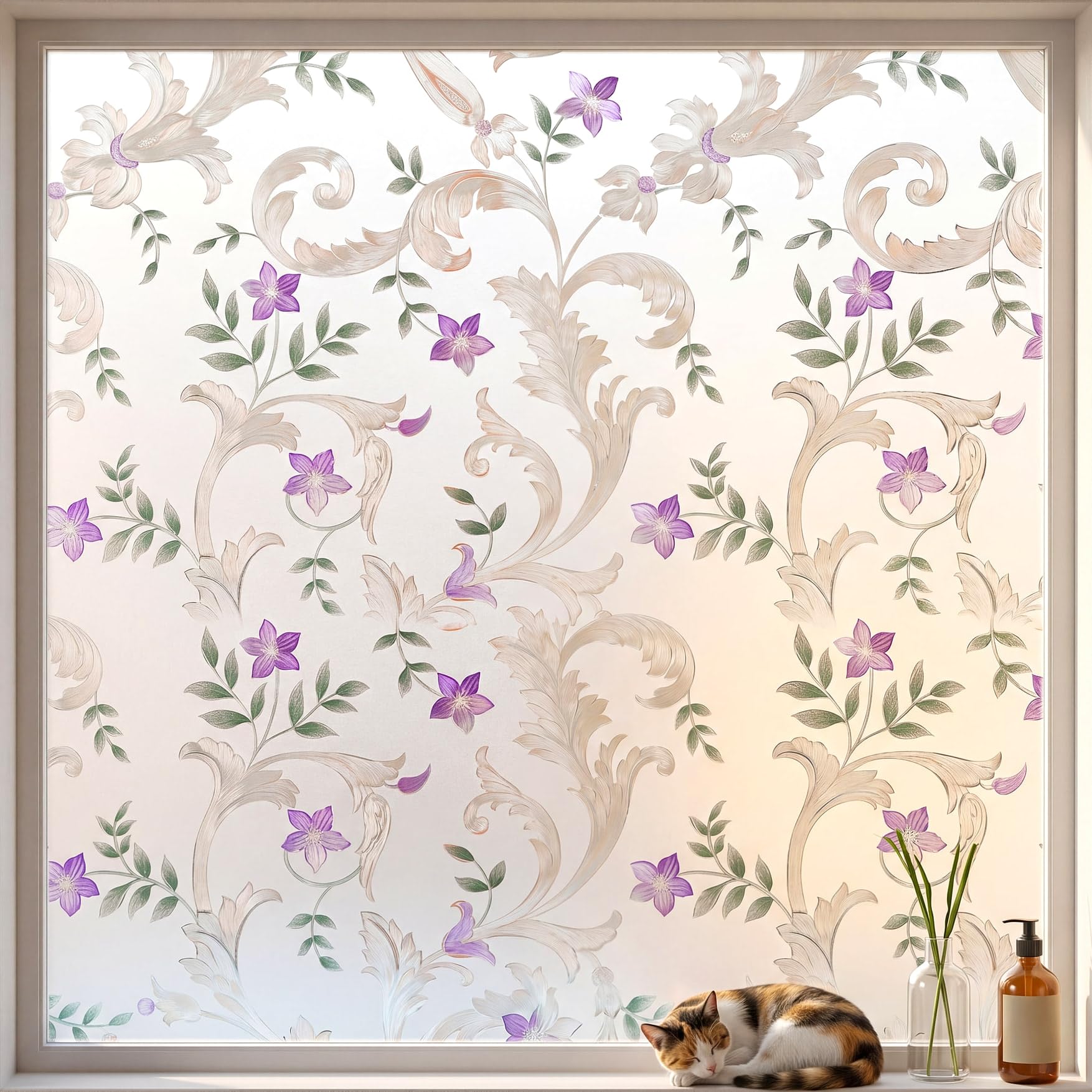 Dekorative Fensterfolie, geätztes Blumenmuster, Privatsphäre, Türfolie, statische Haftfolie, kein Kleber, Buntglas, Anti-UV-Fensterpapier für Badezimmer, Büro, Schlafzimmer, 88.9 x 398.8 cm