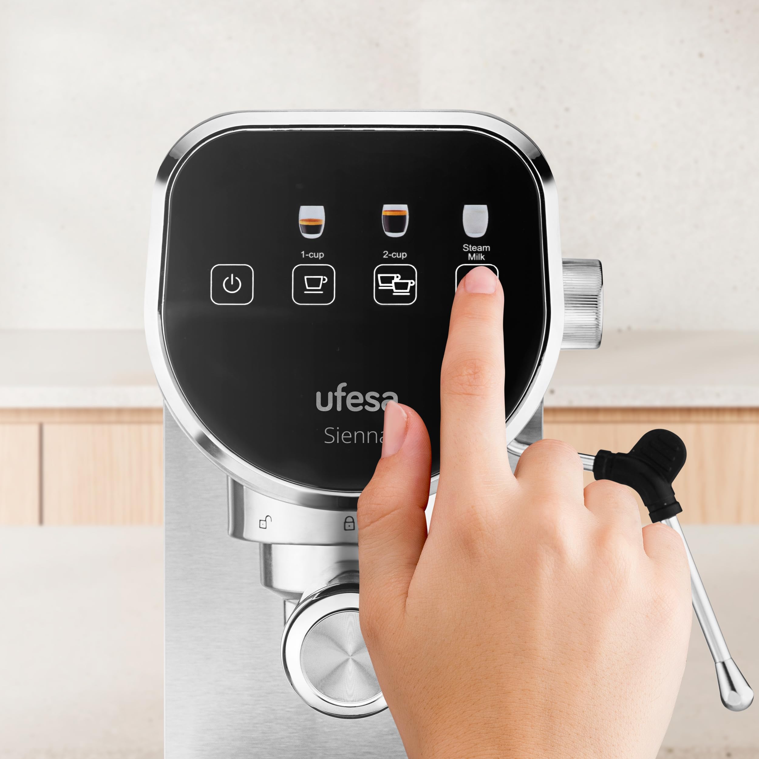 Ufesa Sienna Cafetera Espresso y Capuccino, Presión 20 Bares, Panel Táctil Digital, 1360W, Vaporizador Orientable, 0.9L, 1 o 2 Cafés, Función Calienta Tazas, Sistema Thermoblock, Inox