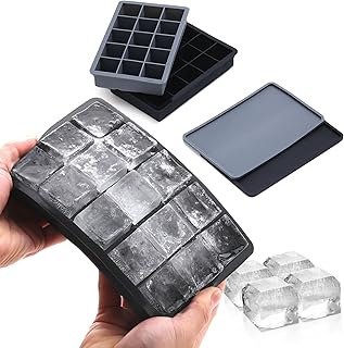 Quikobo Ice Cube Tray, Ice Trays for Freezer with Lid, 2 Pack Silicone Square Ice Cube Tray, Classic Size Ice Trays for Whiskey with Covers&Funnel,Reusable Ice Cube Trays BPA-Free Gray & Black
