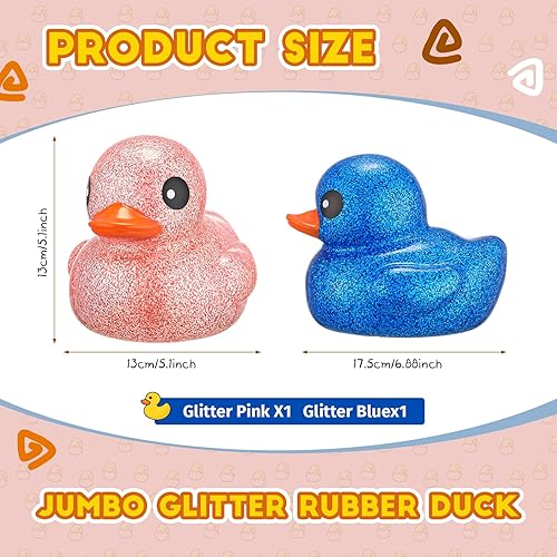 Miniatura 2 de Honoson 2 patos gigantes de goma con purpurina de 6.89 pulgadas, patos grandes de goma gigantes, juguetes de bañera de pato brillante con sonido