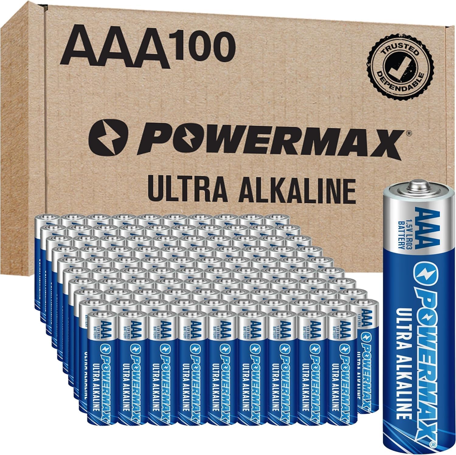 Powermax 100-Count Triple AAA Batteries, Ultra Long Lasting Alkaline Battery for Home and Office, 10-Year Shelf Life, Reclosable Packaging, Pack of 6
