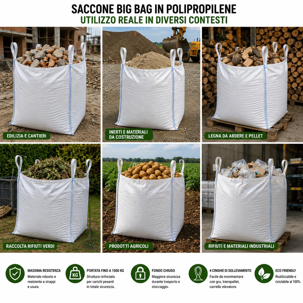 Bolsa Big Bag de polipropileno con fondo cerrado, 90 x 90 x 120 cm, capacidad para 1500 kg, saco industrial para escombros, arena, madera, pellets, materiales de construcción LEMAG SRL