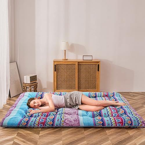 Miniatura 4 de MAXYOYO Colchón de piso bohemio para futón, colchón de futón vintage floral japonés, colchón enrollable de tatami, cama plegable, colchón portátil