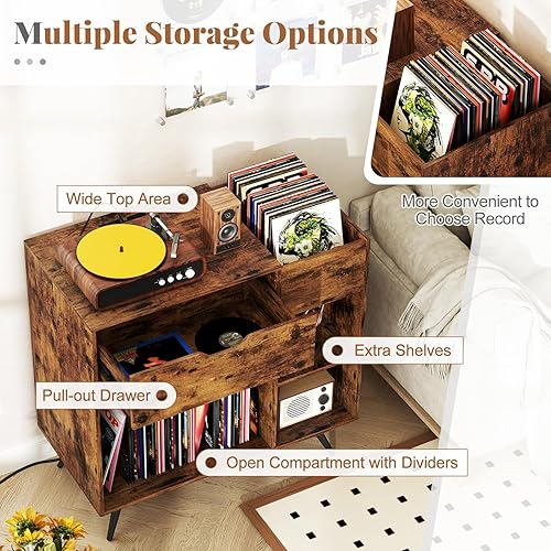 Miniatura 5 de Giantex Soporte grande para tocadiscos con estación de carga, soporte giratorio de mediados de siglo con capacidad para hasta 300 álbumes, mesa de